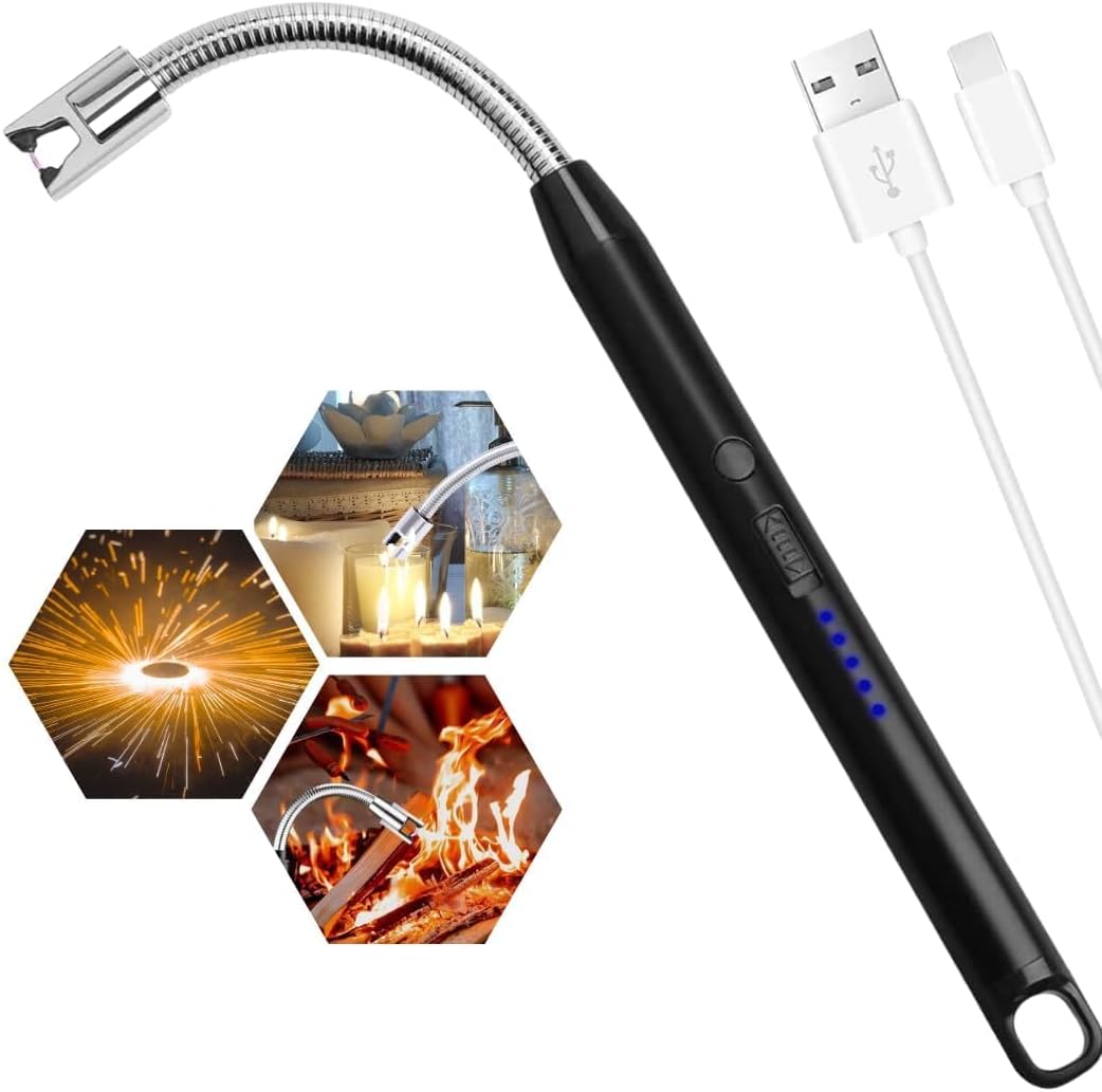 Stainless Steel F Falkiya Candle Lighter Rechargeable,Electric Arc Lighter Ignition Lighter with USB Cable,Windproof Flameless Electronic Lighters for Kitchen,Barbecue,Candles,Gas Stove (Black)