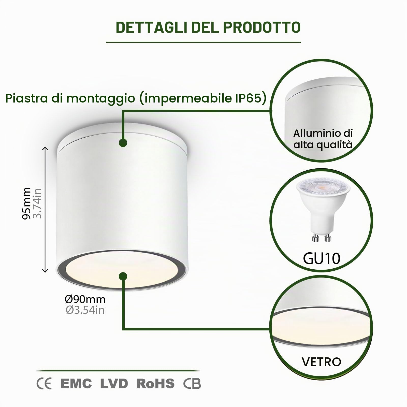 EBION 4 Pezzi Faretti Soffitto Plafoniera Faretto Soffitto In Alluminio, IP65 Impermeabile, GU10, Spotlight Per Interno Bagno Cucina Soggiorno Corridoio Ristorante, Bianca (Lampadina Non Inclusa)