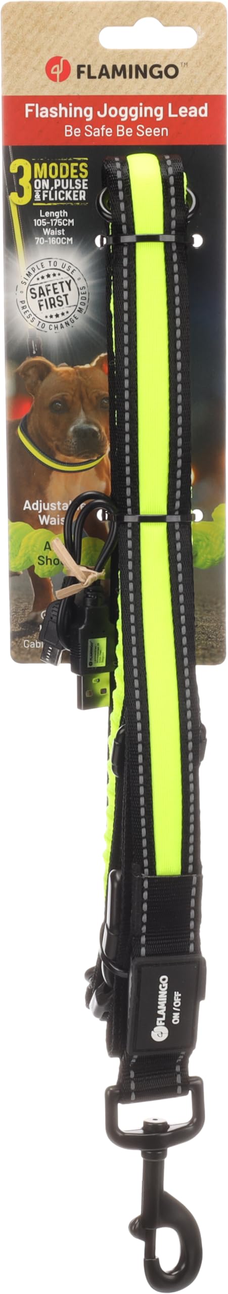 Flamingo Jogginglijn Flitzy – Schwarze/Gelbe Hundeleine, Verstellbar 105-175 cm, Stoßdämpfend, Fluo für mehr Sichtbarkeit im Dunkeln, Perfekt für Joggen & Spaziergänge