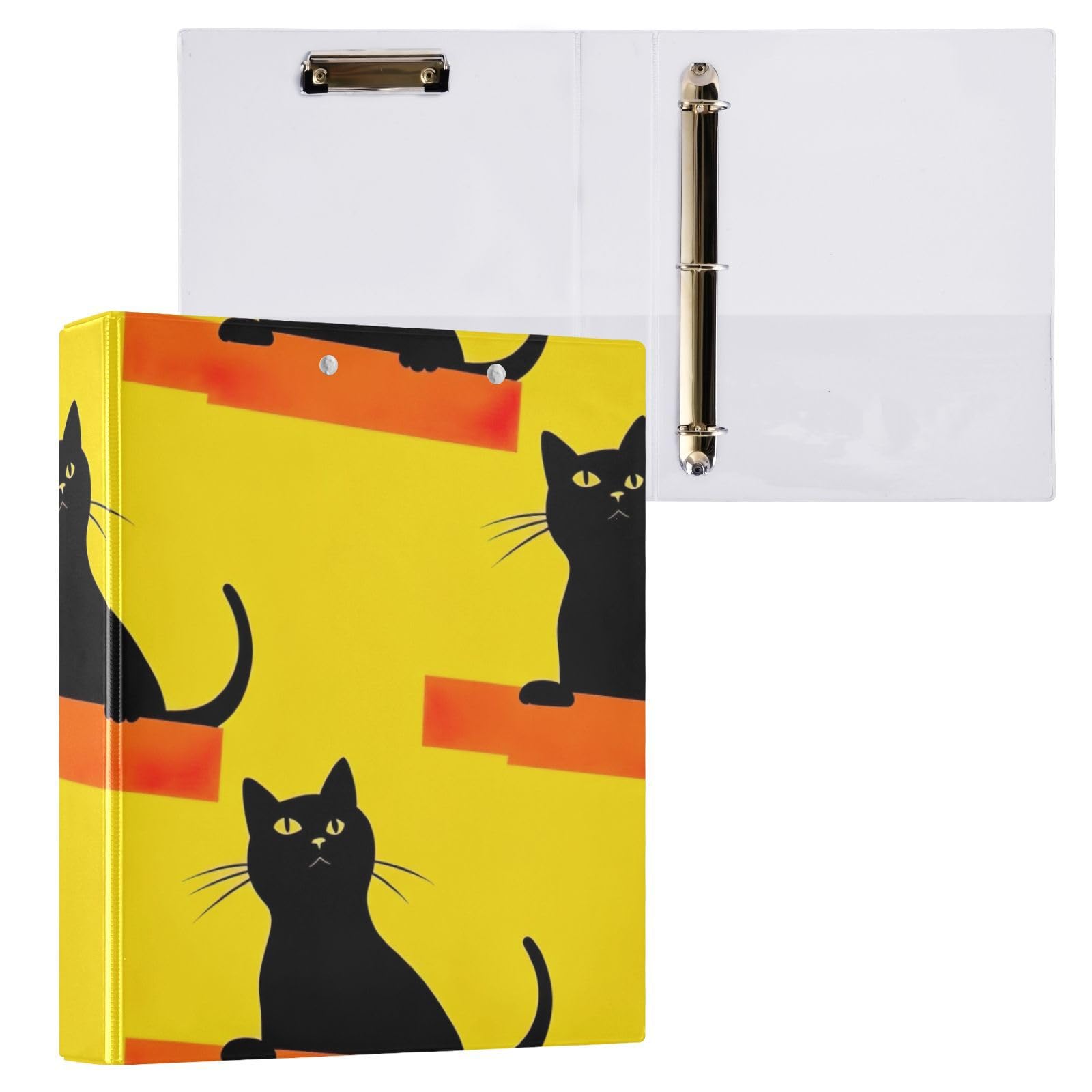 Raccoglitore con 3 anelli stampati, 3,8 cm, raccoglitore ad anelli a D con tasche, raccoglitore decorativo per scuola, università o ufficio, gatto nero giallo