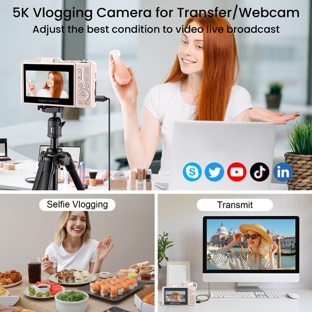 SOPPY 5K Digitalkamera 75MP Vlogging Kamera 3,0 Zoll 180° Flip-Screen Kompaktkamera 64GB 18X Digitalzoom Rosa