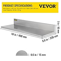 Vista 2 de VEVOR Estante de pared de acero inoxidable, capacidad de carga máxima de 44 libras, estantería comercial de montaje en pared con protector contra