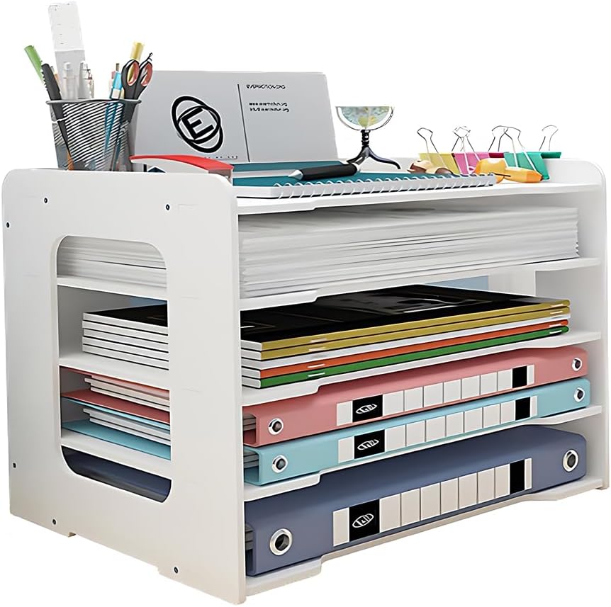 5-Tier File Organizer for Desk A3 Document Storage Rack Paper Organizer for Desk Desktop Document Storage Holder for Home Office School A3/A4 Size Paper White (White-A3-5-Tier)
