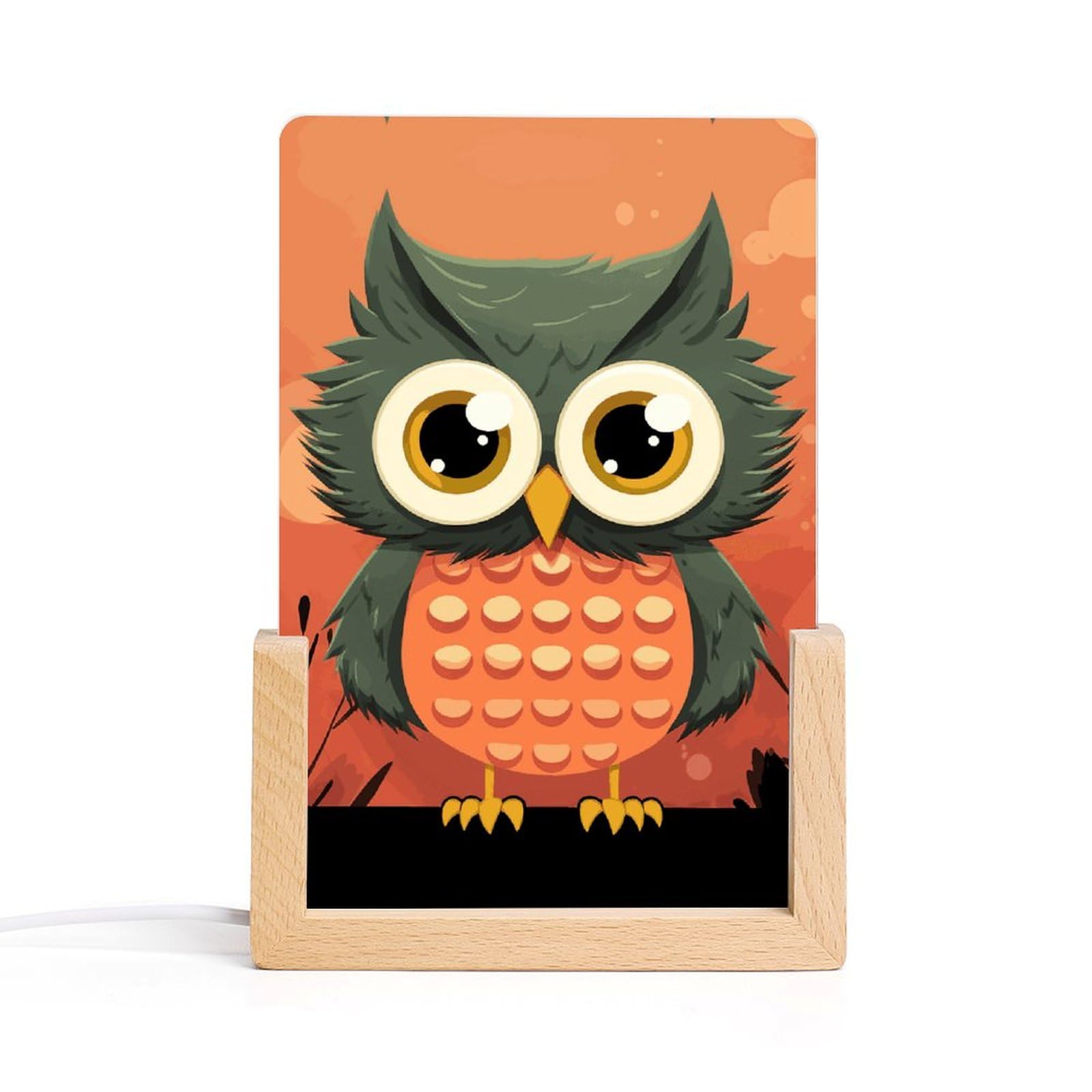 JTREHY Acrylic Night Light,Cartoon Owl on Orange Background Printed Wooden Base LED Night Light Modern Home Decoration Light with USB Switch Cable for Bar Cafe Bedroom Room Decoration
