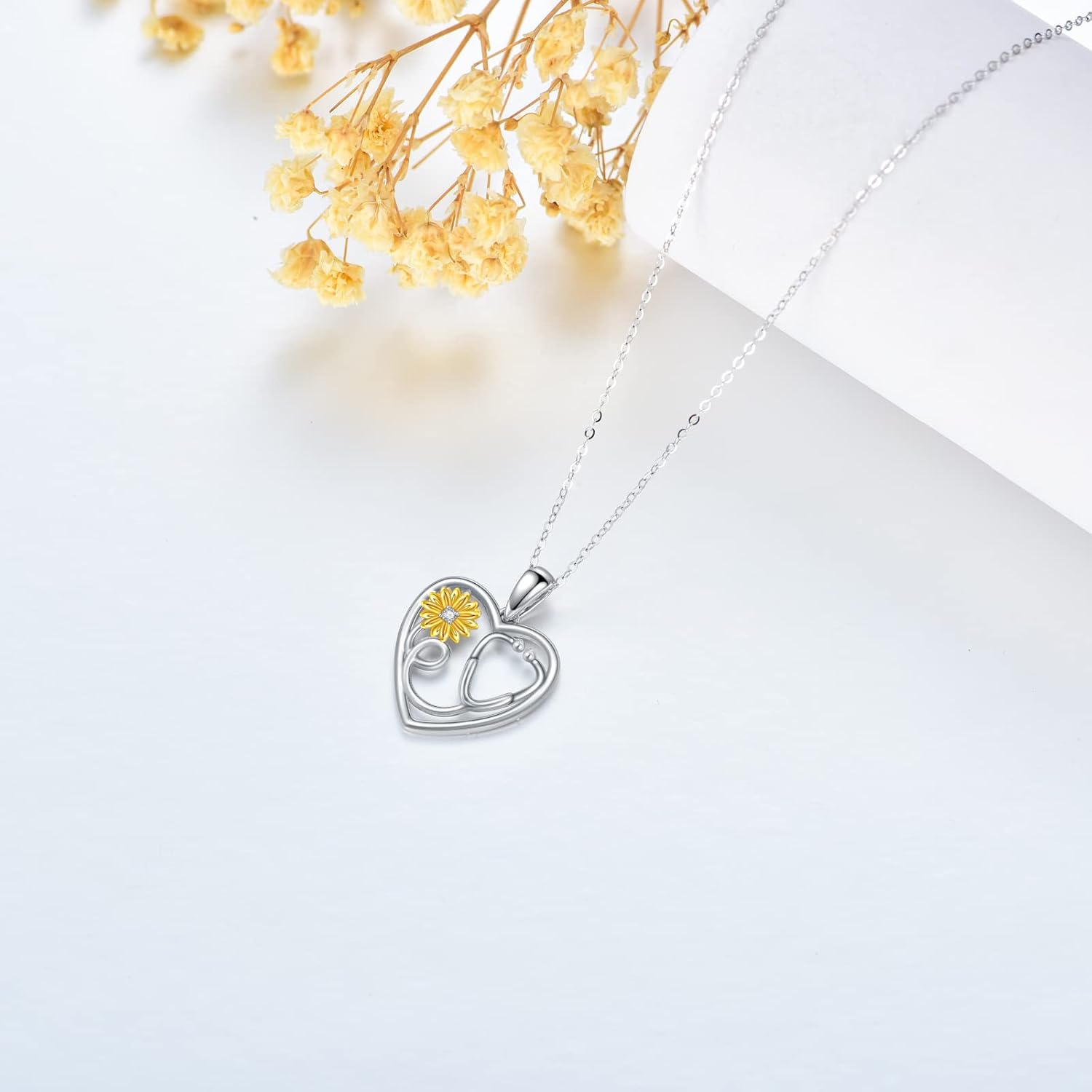 Personalized Heart Stethoscope Necklace 10K 14K 18K Gold Nurse Necklaces for Women Sunflower Medical Necklace for Nurses Gifts