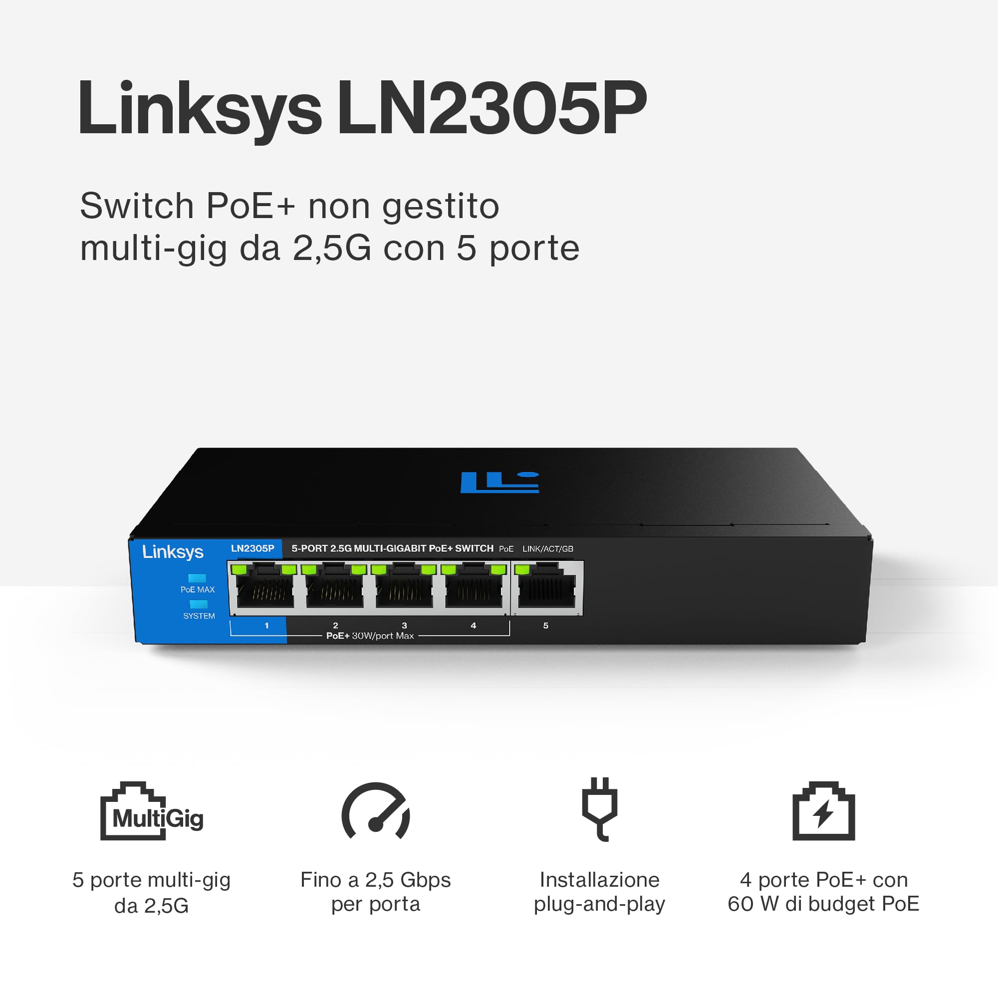 Linksys Switch PoE++ non gestito multi-gig, 2,5G, 8 porte | Ethernet, efficienza energetica | Controllo di flusso full-duplex | Per access point e videocamere IP WiFi 6/6E/7 | In metallo | PoE 180 W