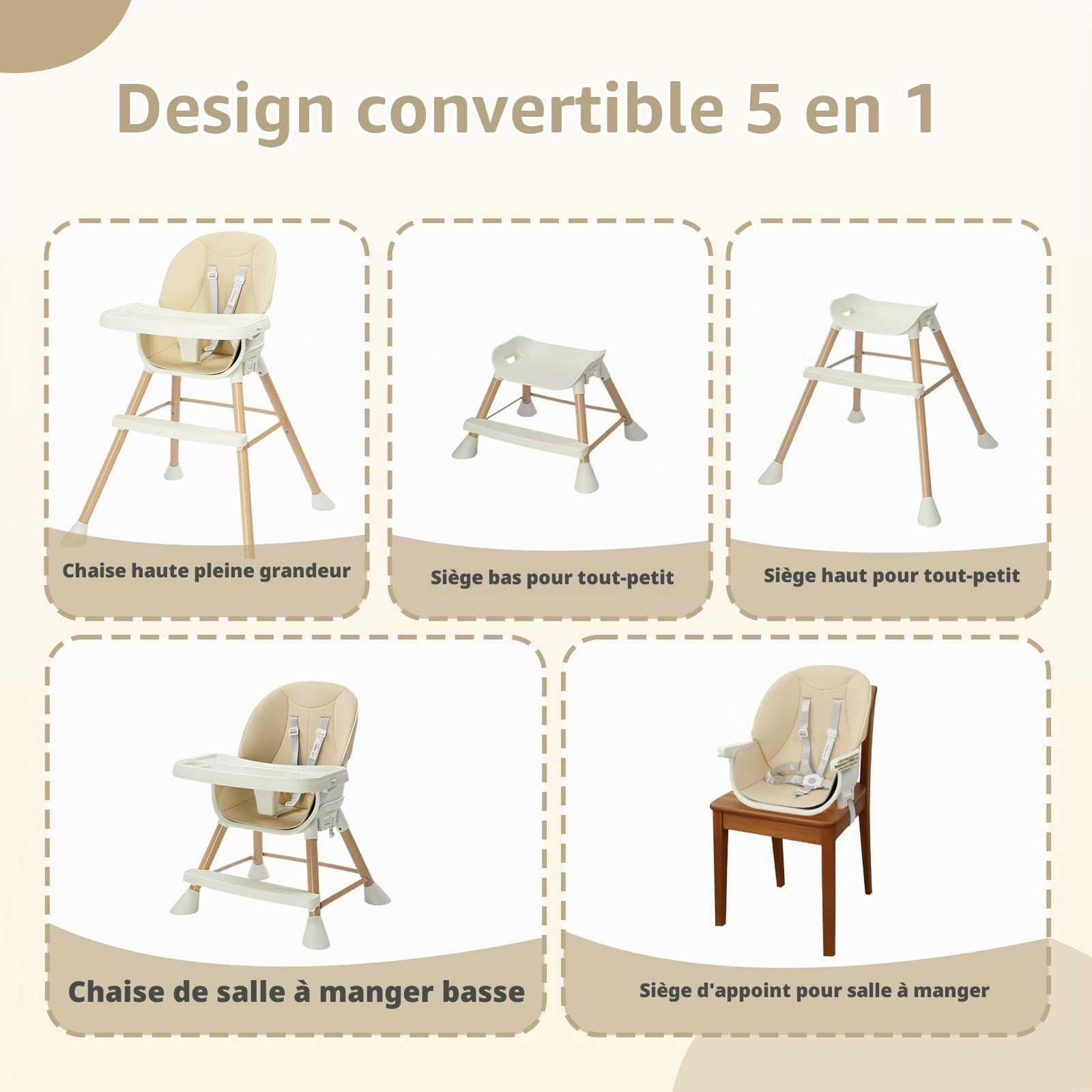 BONNLO Chaise Haute Bébé Évolutive, Pieds en Bois Fixes & Structure Renforcée, Pliable pour Chaise Adulte, 4 KG Ultra-Léger, Réglable en Hauteur, Ceinture 5 Points, Nettoyage Simplifié (Neige)