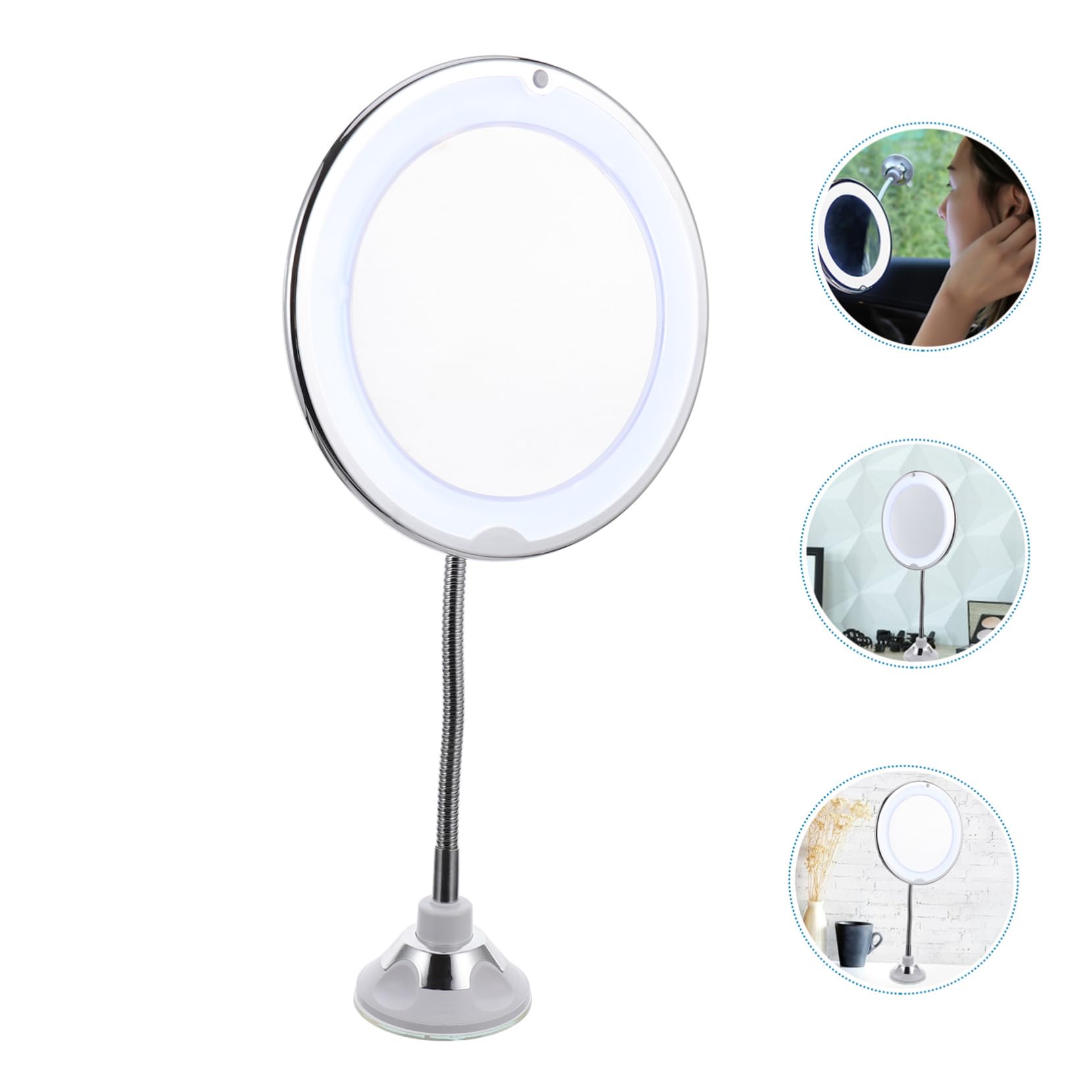 Specchio da Trucco LED 10x con Ventosa, Rotazione 360° | Argento, Plastica e Superficie Specchiante, Angolo Regolabile, per Bagno e Zone Poco Illuminate