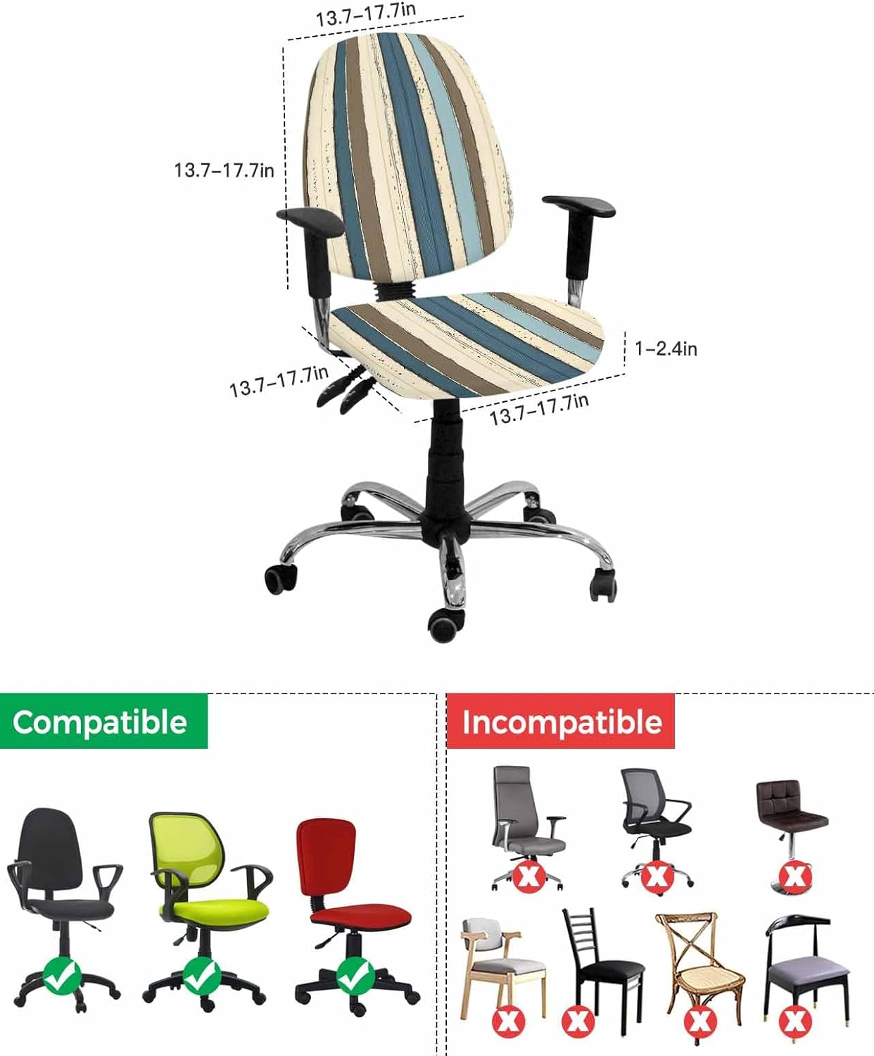 Beige Blue Stripes Office Chair Cover 2 Piece, Bogo Rustic Brown Farmhouse Wooden Stretch Elastic Computer Desk Rotating Chair Seat Back Covers, Stretchable Chair Slipcover Protectors Cover