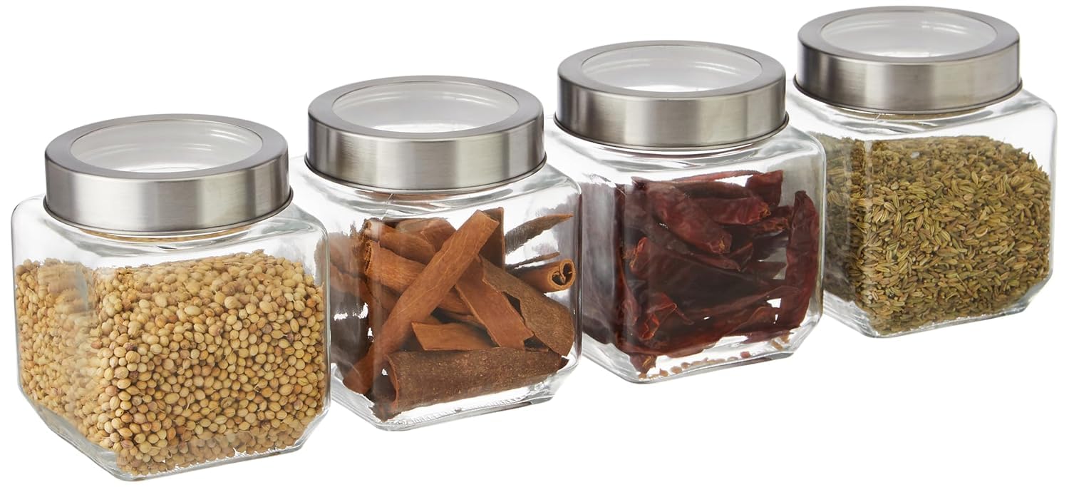 CROCO JAR Square Glass Storage Containers 580ml | Transparent Airtight Kitchen Jars with Steel Lid | Cubical Glass Jars for Pantry, Snacks, Dry Fruits, Masala, Pickle & Coffee Beans | Pack of 4