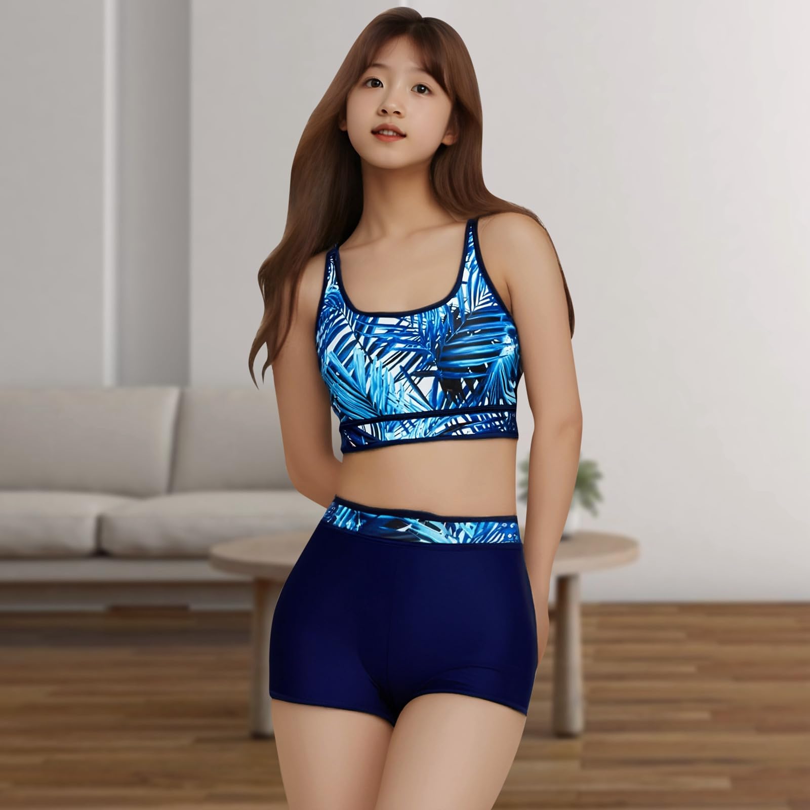 Maillot de bain 3 pièces pour femme - Maillot de bain à manches longues avec short push-up - Pour l'été, la plage, la piscine, les vacances