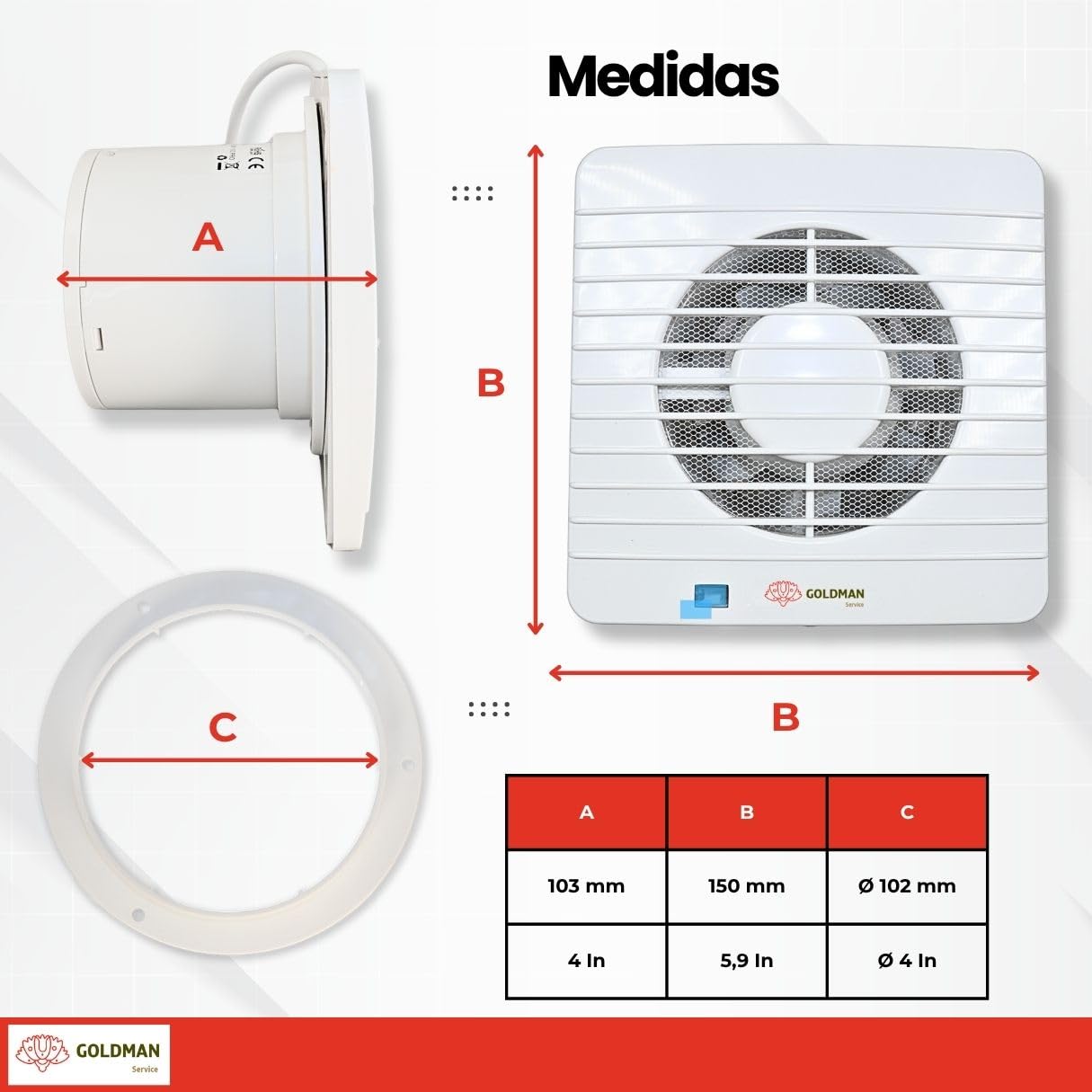 GOLDMAN SERVICE | Extractor de Baño Silencioso con Temporizador Ventilador Extractor de Aire Anti Humedad Olores Válvula Antirretorno y Mosquitera | Diámetro: 100 milímetros 12W
