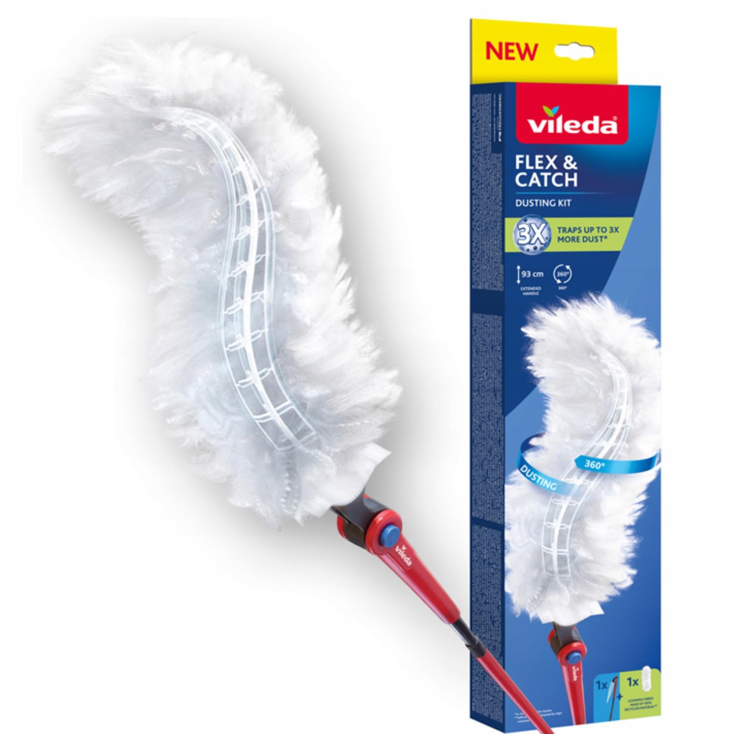 VILEDA FLEX & CATCH Extendable Handle Duster with Extendable Handle 93 cm, 1 Complete Replacement, 360° Cleaning, Flexible, Maximum Cleaning