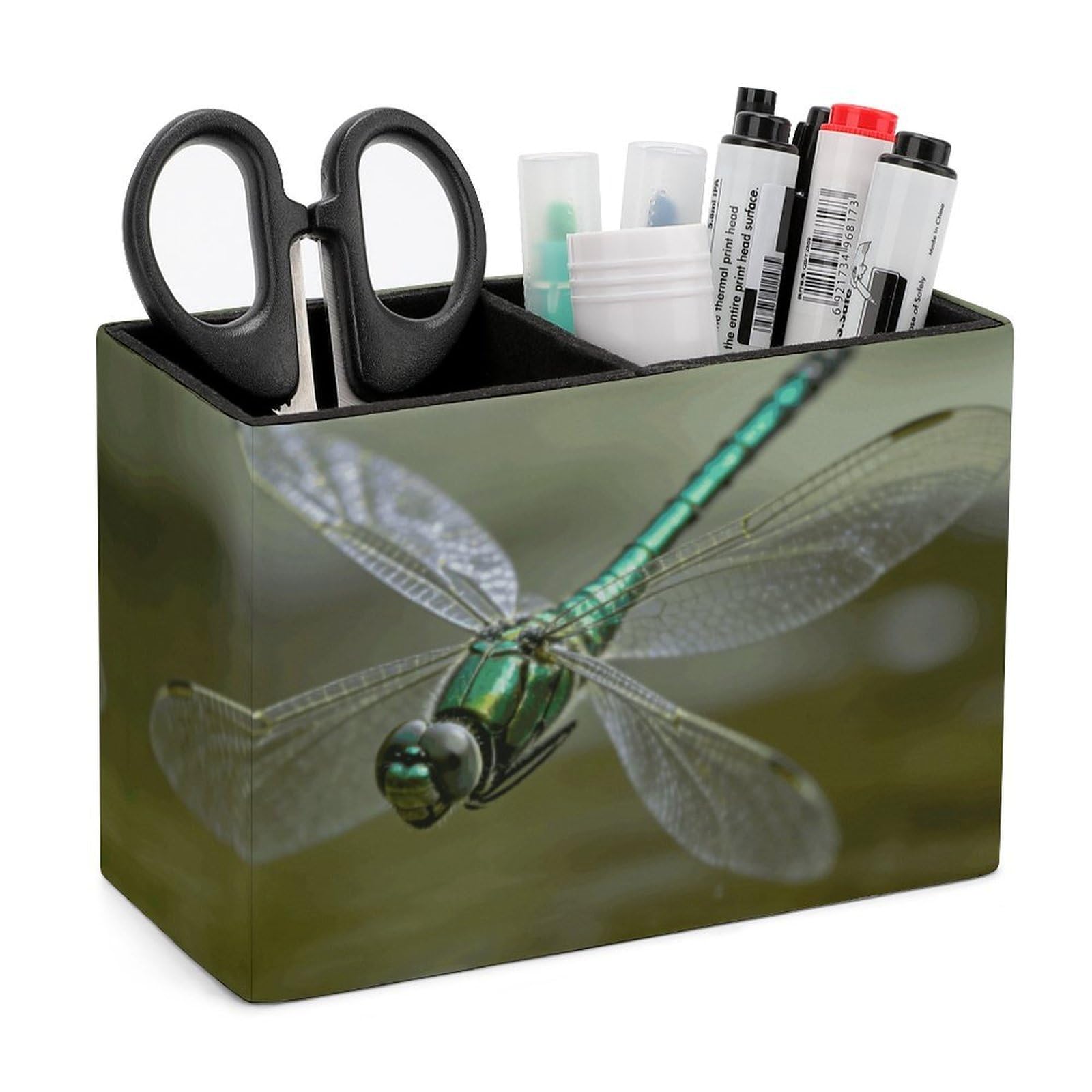 LZQPOEAS Exquisite Patterns PU Leather Pen Holder, Multifunctional Desktop Organizer Caddy with 2 Compartments, Insect Pencil Cup Makeup Brush Holder for Office Home