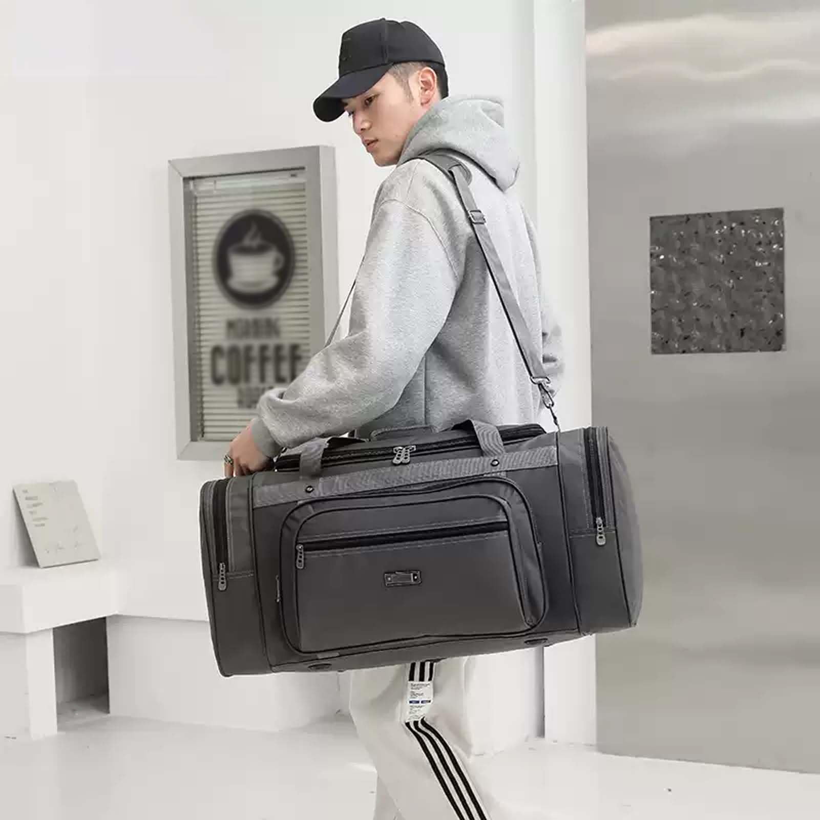 40L/70L Grand Sac de Voyage Sac de Sport Fitness Homme Femme Gym Travel Luggage Duffle Bag Weekend Bagages à Main Imperméables Sacs à bandoulière avec Compartiment à Chaussures (Gris, Grand)
