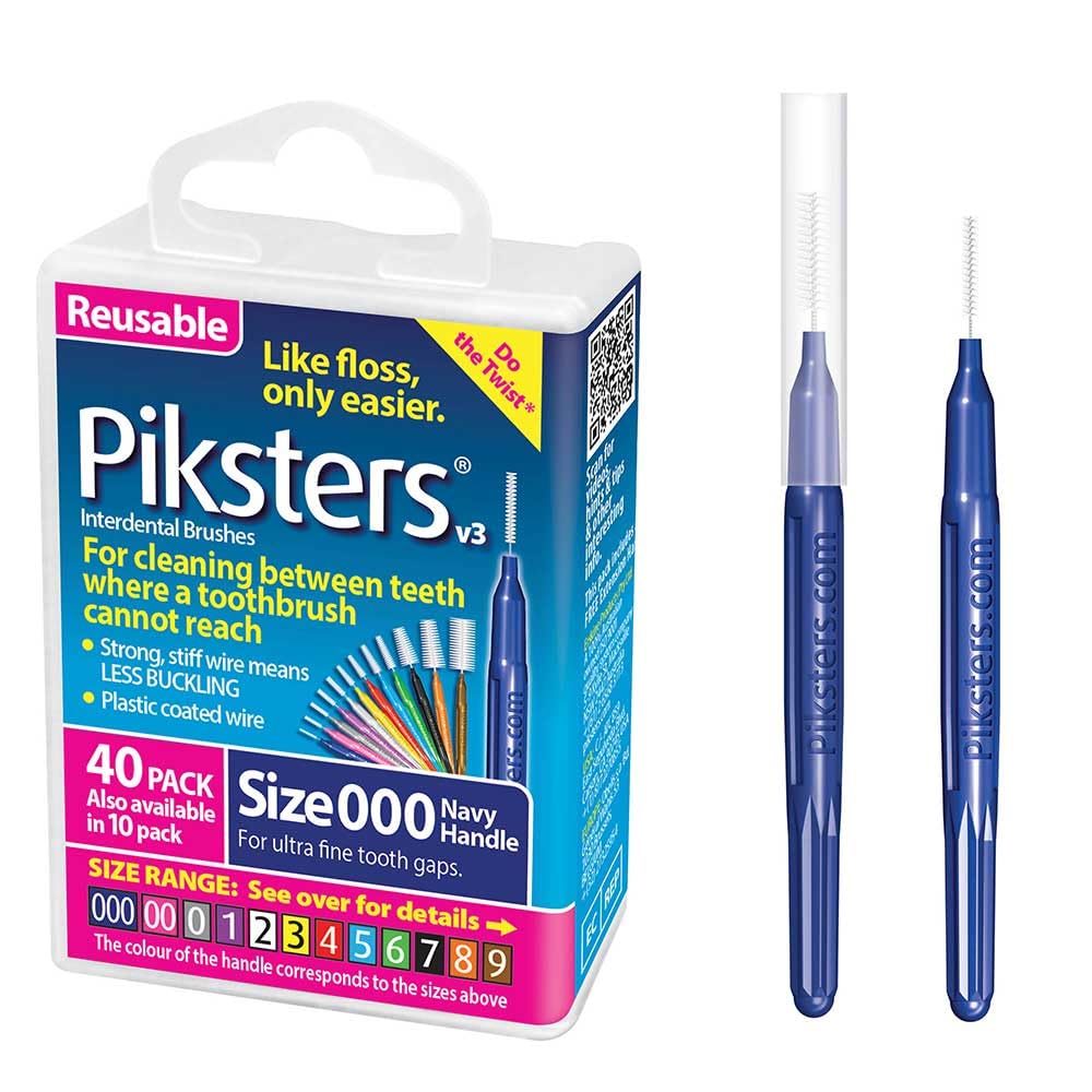 Piksters Interdental Brushes, 40 pk, Size 000, Interdental Tooth Brush for Extremely Tight and Fine Teeth Gaps, Gum Soft Bristles for Plaque Removal, Safe for Braces 40 Count (Pack of 1) Size 000 (Navy)