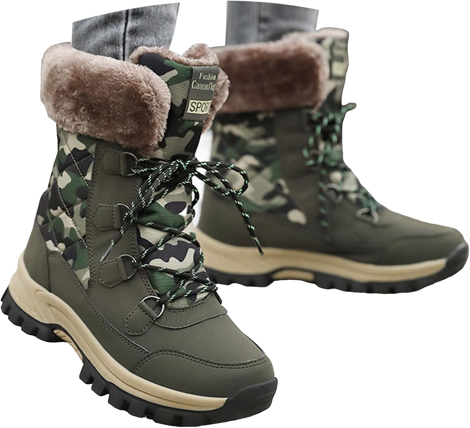 Women's Snow Boots Anti-Slip Waterproof Lace Up Camouflage Winter Mid-Calf Boot Warm Fur Lined Shoes for Women Outdoor Hiking Booties Low Heel Durable Round Toe Lug Sole Lightweight Walking Shoes