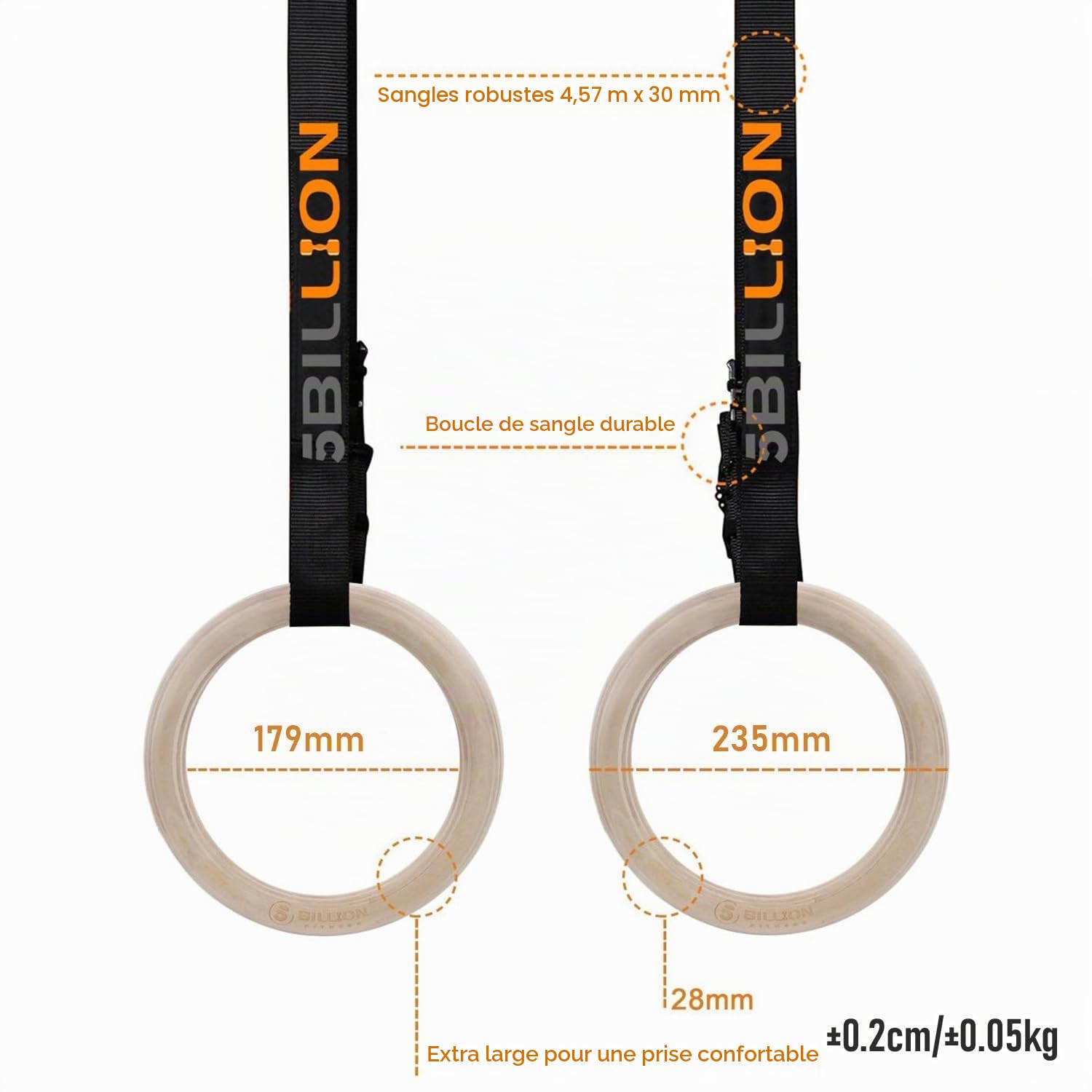 5BILLION Anneaux Gymnastique en Bois - Anneaux Olympique - Diamètre 28mm/32mm Réglable Suspension Training Exercice Fitness pour Pull Up, Musculation，Home Gym avec 2* Bandes en Nylon