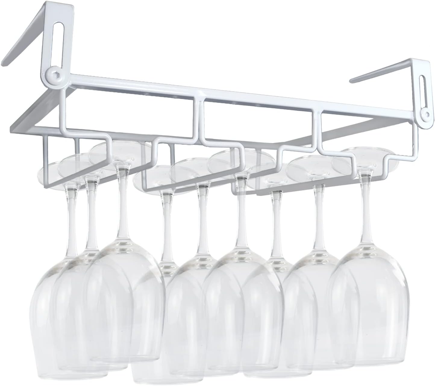 Adjustable Under Cabinet Stemware Holder - Metal Wine Glass Hanger Organizer for Kitchen, Bar, Shelf - Rustproof Hanging Storage Rack for 6-8 Glasses - Space Saving Decor (White, 3 Rows)
