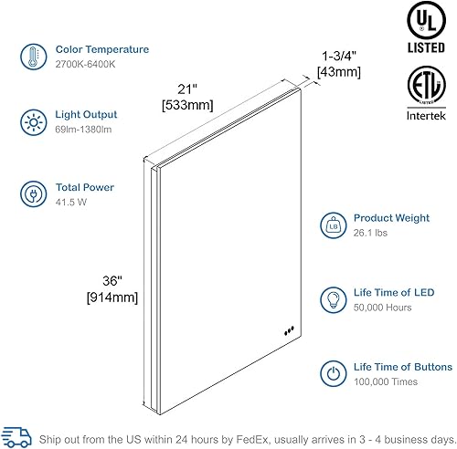 Miniatura 3 de Espejo de baño LED de 21 x 36 pulgadas con antiniebla, atenuador, temperatura de color ajustable, espejo LED inteligente para baño (21 pulgadas,