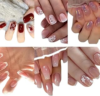 6 Pack (144Pcs) Short Square Press On Nails - Nail Press Ons Short Fake Nail with Press On Nails for Women Designs, Artificial Stick On Nails for Women