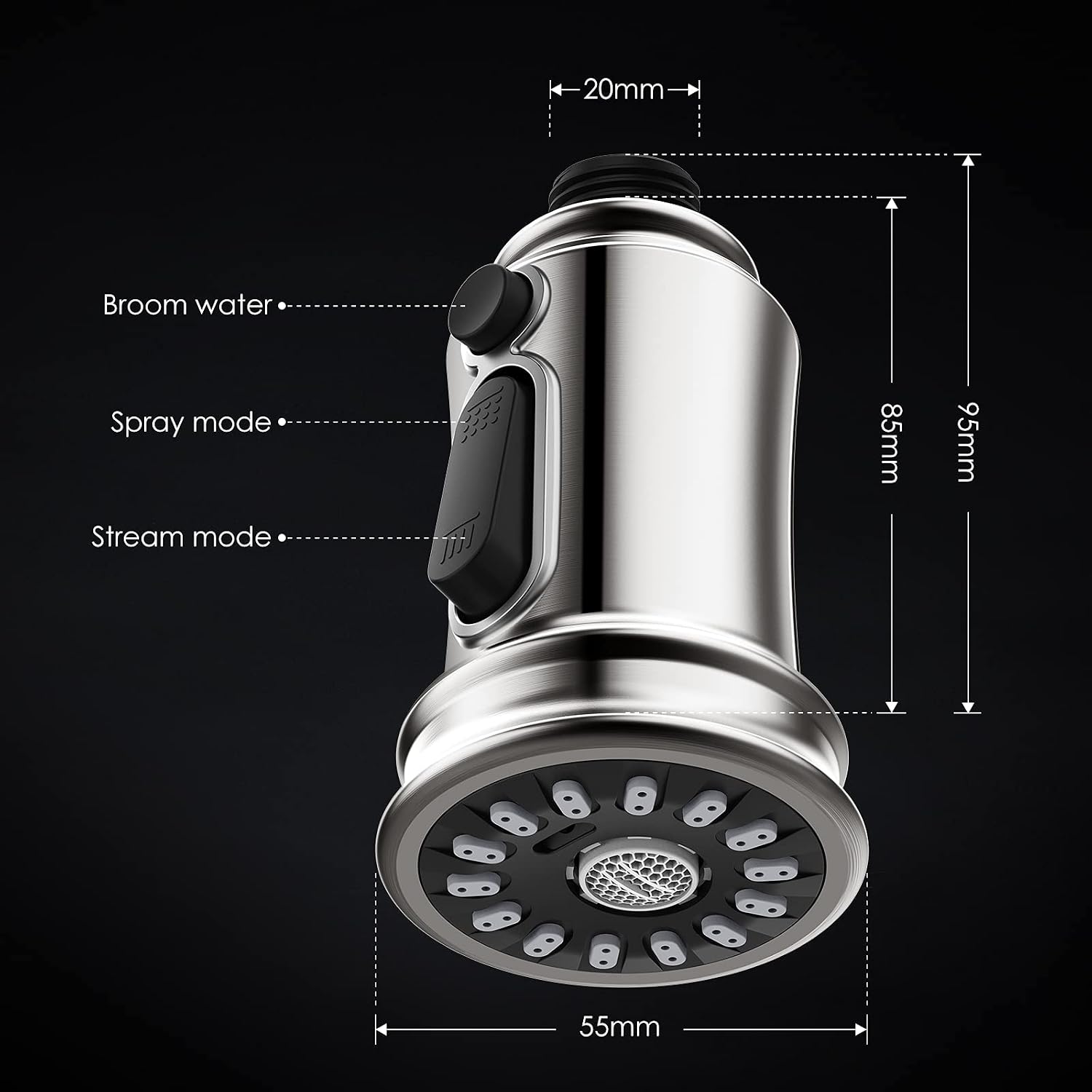 Kitchen Faucet Spray Head Replacement - WaterSong Pull-Down Faucet Spray Head Supports 3 Optional Outlet Modes, Easy-Clean Silicone Nozzle, Only for G1/2 Connector, Premium ABS and Brushed Nickel