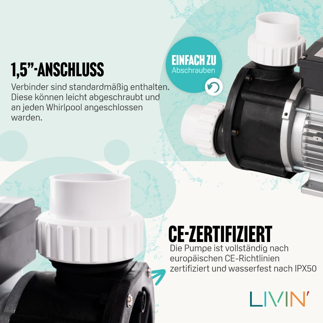 LIVIN' LX WTC50M Spa poolpumpen - Spa umwälzpumpe & Whirlpool Zirkulationspumpe 0.23kw/ 0.3HP - Pool Filterpumpe 240L/ Min Poolpumpe Über Dem Boden - Wasserkreislaufpumpe Mit 230 V/ 50 Hz & Kein Lärm