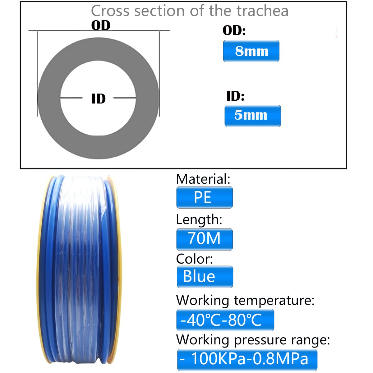 Tubo flessibile in polietilene pneumatico (PE) OD 8 mm x ID 5 mm, tubo flessibile per compressore d'aria, blu, rotolo da 70 m