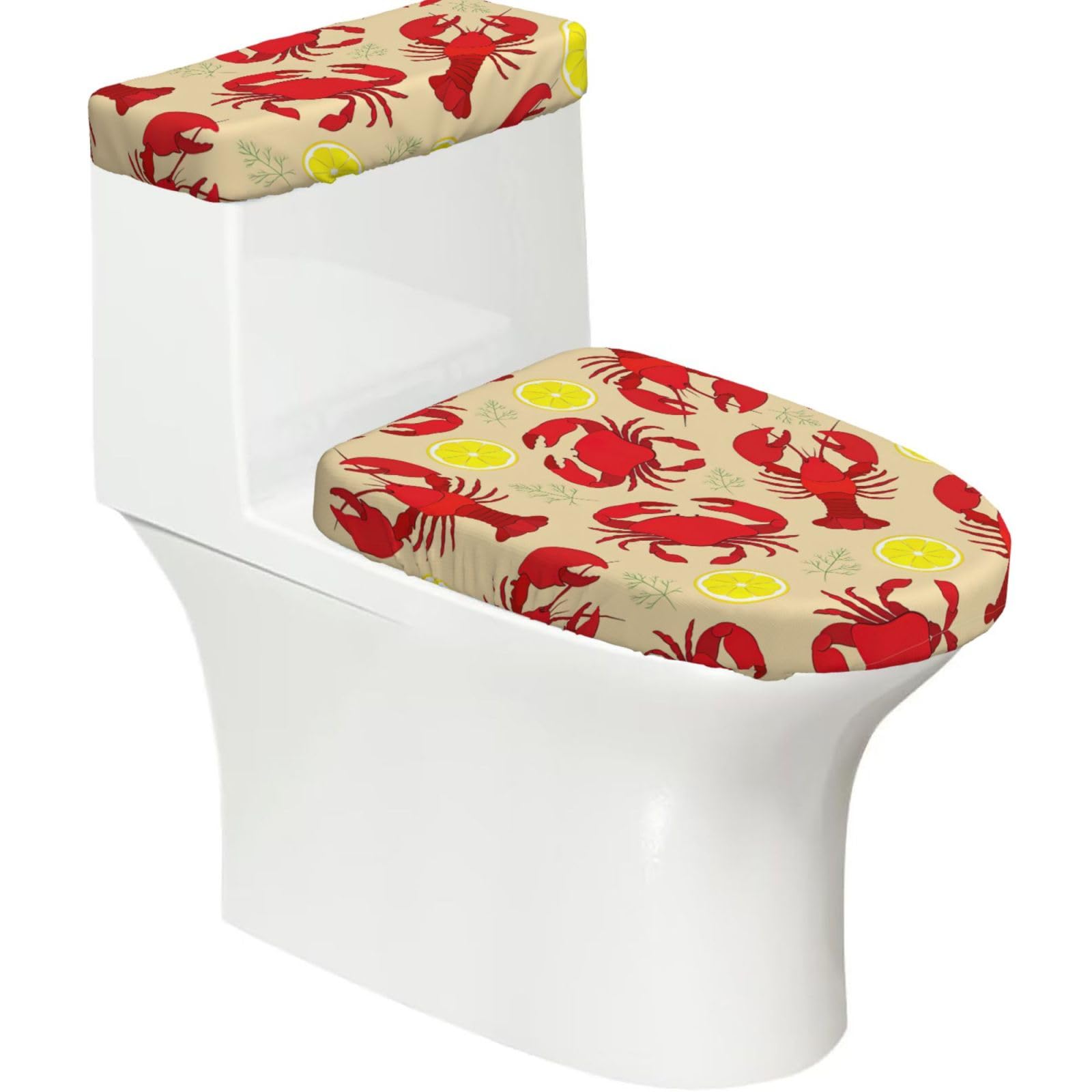 Lobster and Crab Printed Toilet Tank and Lid Cover Set of 2 for Most Bathrooms, Fits Elongated Round Toilets