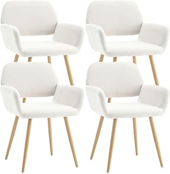KCC Small Modern Dining Room Arm Chairs Set of 4, Mid-Century Upholstered Velvet Side Seat Club Guest with Metal Tube Legs for Kitchen, Living Room, Beige