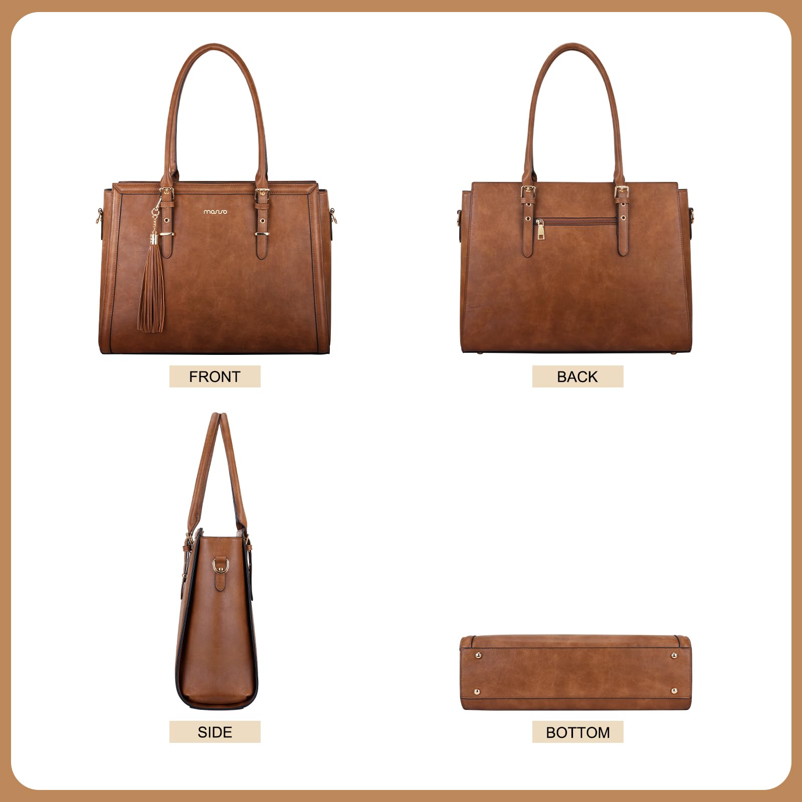 MOSISO Torba na laptopa dla kobiet, 39.6 cm Vintage PU Leather Tote Bag, brązowa