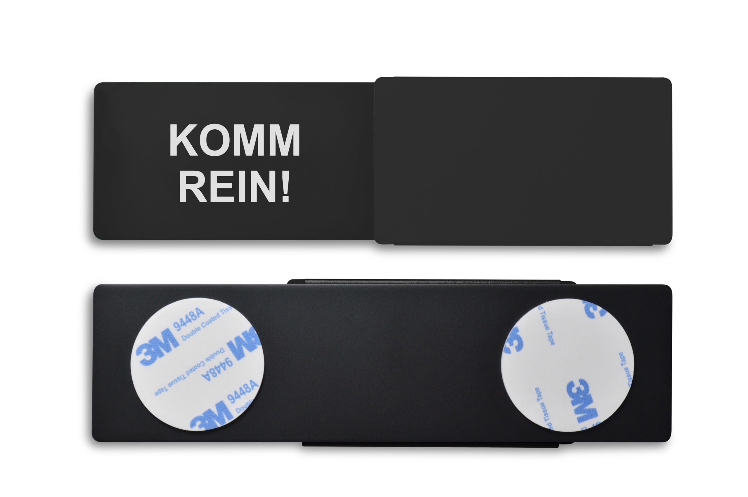 Letrero libre/ocupado estilo: KOMM REIN/POR FAVOR NO ESFUERA (negro) 175 x 50 mm – Diseño fabricado en Alemania – Texto grabado – Cartel sin marco con deslizador de metal – 2 almohadillas adhesivas de