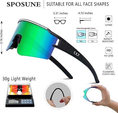 Miniatura 5 de SPOSUNE Gafas de ciclismo polarizadas con 3 lentes intercambiables para mujeres y hombres, TR90 gafas de sol deportivas para correr y béisbol