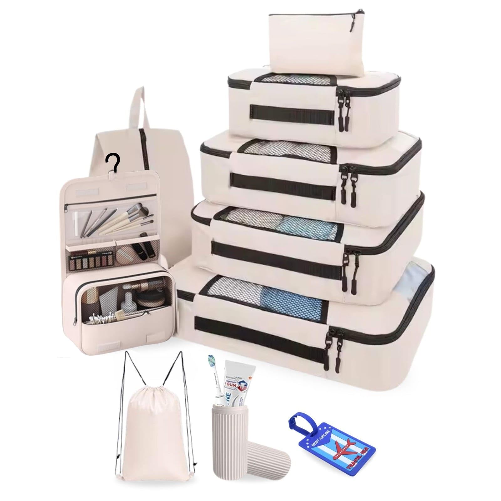 oceanevo Set of 10 Packing Cubes with Luggage Tag and Toothbrush Holder, Travel Organiser Bags for Luggage, Suitcase Organizer for Travelling for Clothes, Shoe and Lingerie - Model 2.0 - Beige-picture-54