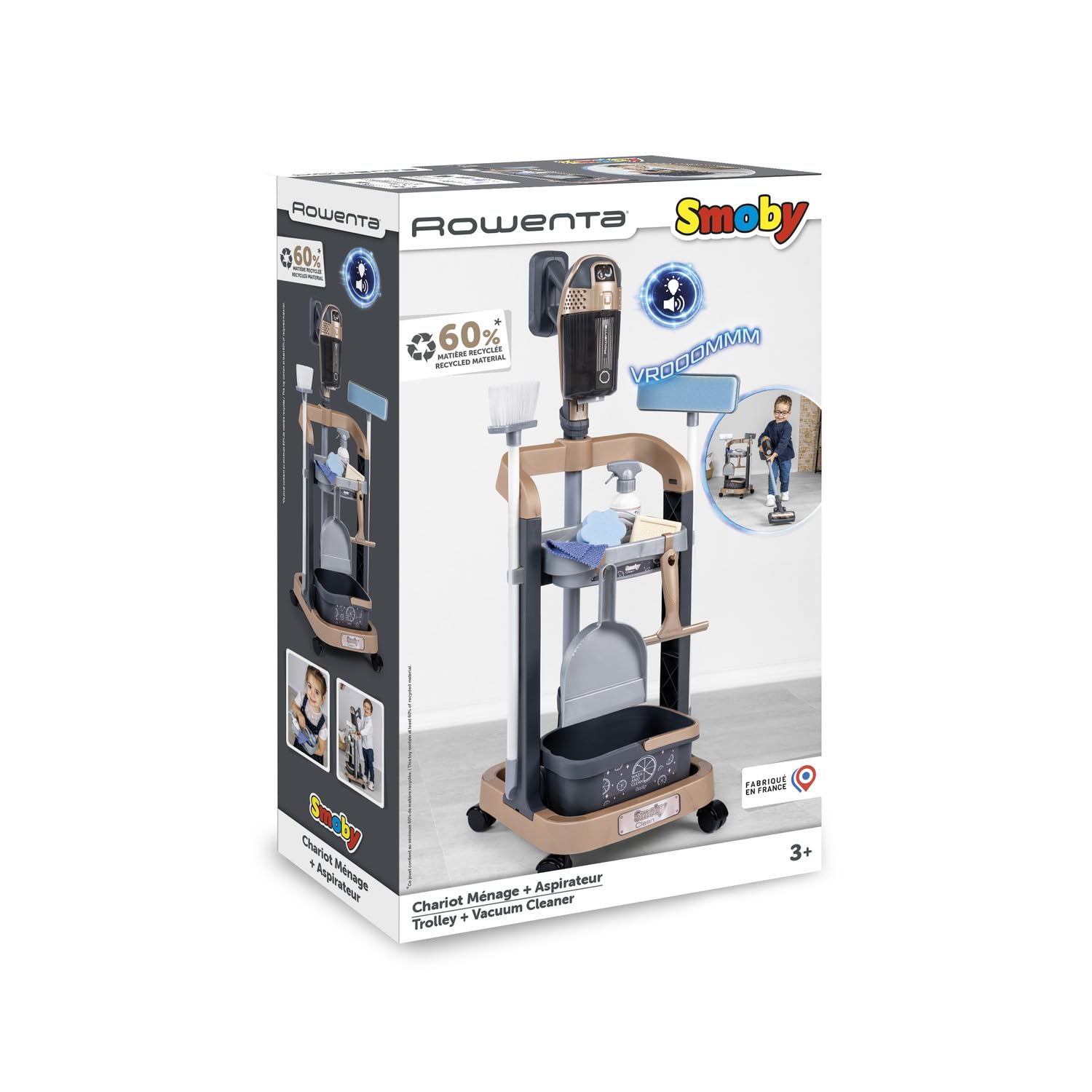 Smoby - Carrello per Le Pulizie Rowenta + aspirapolvere a Bastone - con Suoni realistici - 10 Accessori Inclusi - Ruote multidirezionali - età 3+