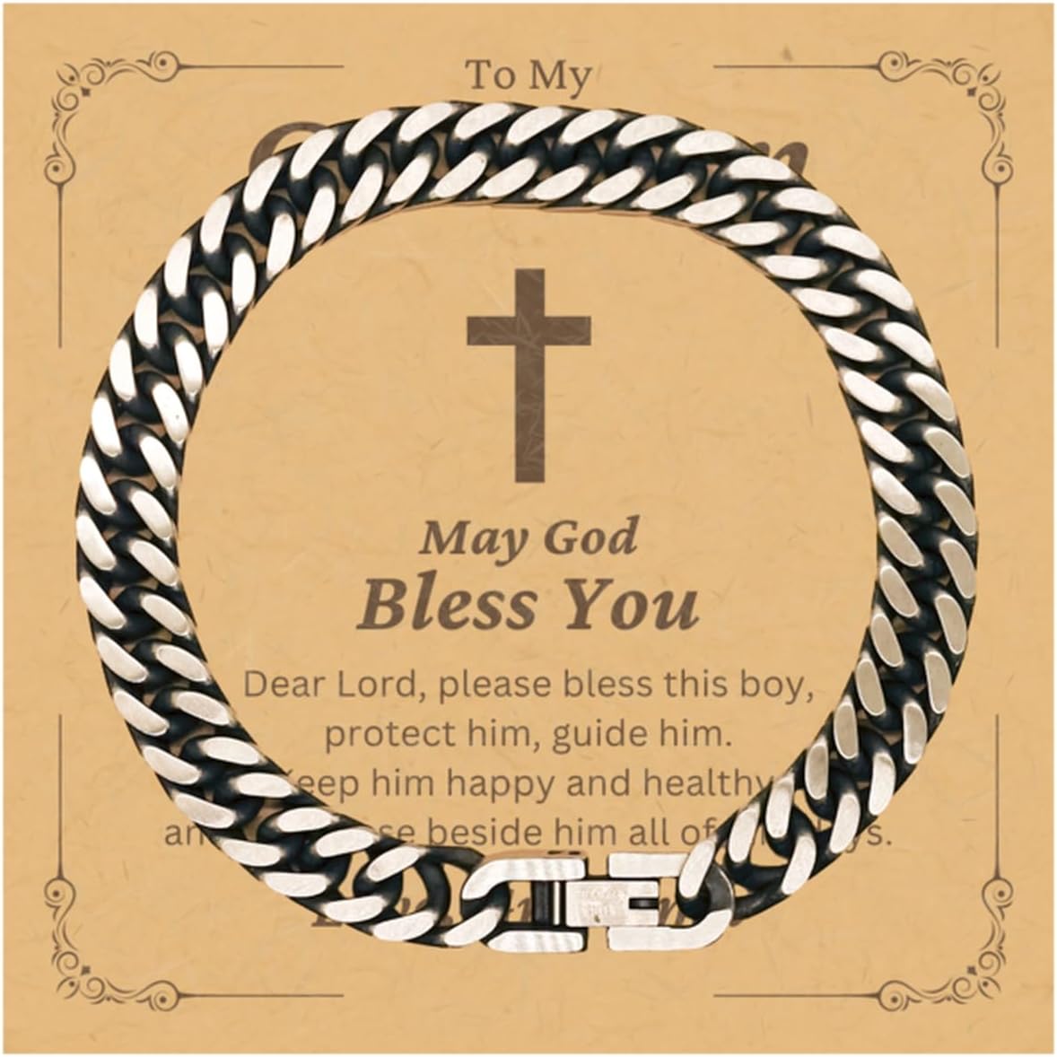 Gifts To My Grandson Cuban Link Bracelet From Grandma - Dear Lord Please Bless This Boys - Cross Catholic Christian Baptism First Communion Confirmation Christmas Gifts