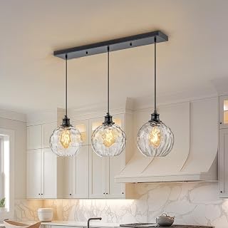 3 Light 31.5" Black Linear Pendant Lights with Clear Hammered Glass Shade