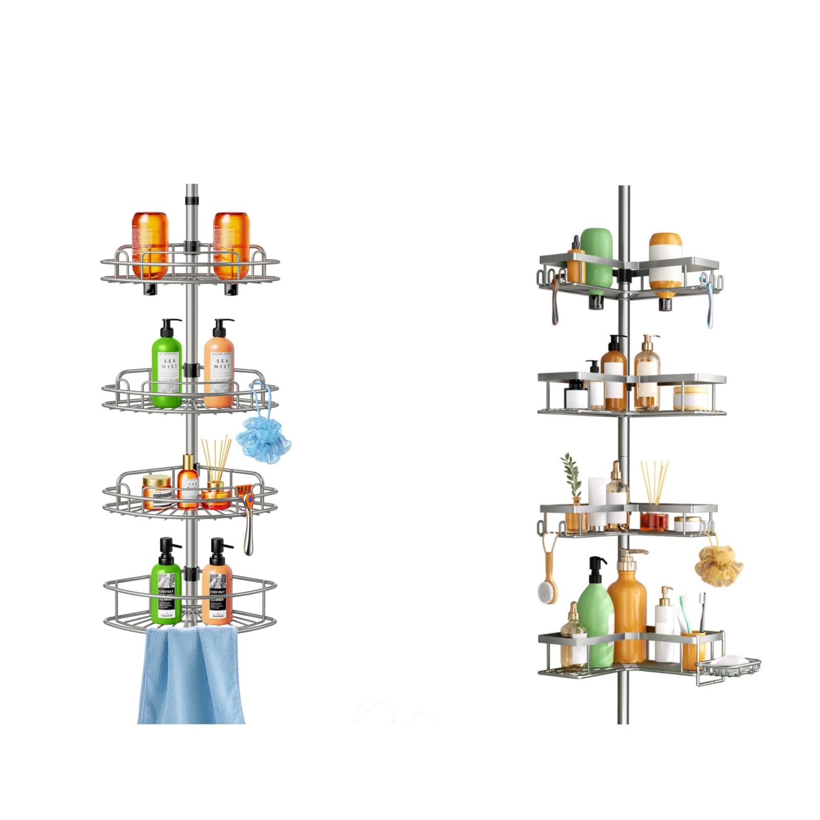 HAMITOR Shower Caddy Tension Pole 4-Tier Corner Rustproof Bathroom Organizer- No-Drill Adjustable Shower Shelf for Renters - Family