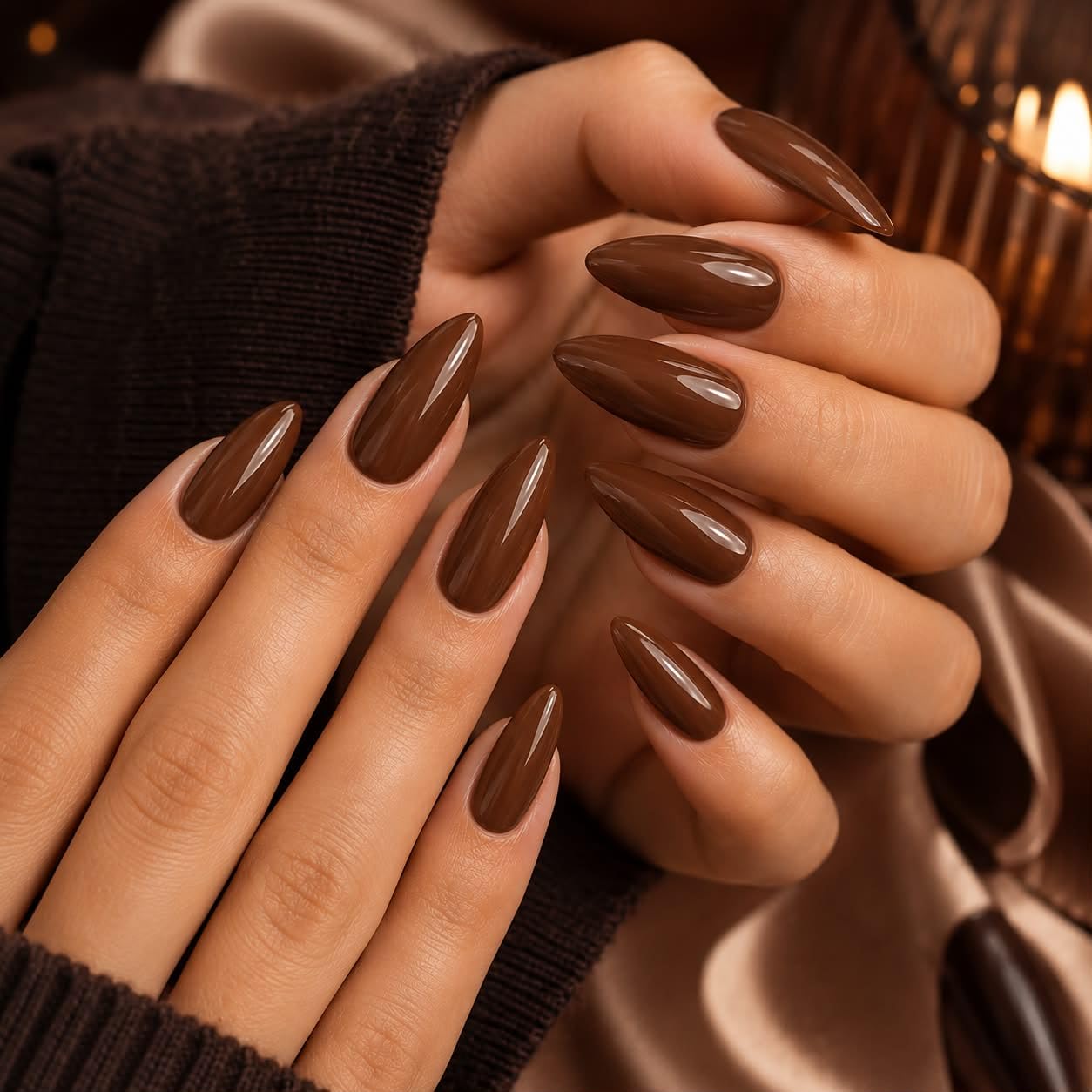 Dark Brown Almond Press On Nails for Women, 24 Piece Glossy Chocolate Brown Artificial Nail Extensions with Glue Tabs, Nail File and Cuticle Tool-image-25