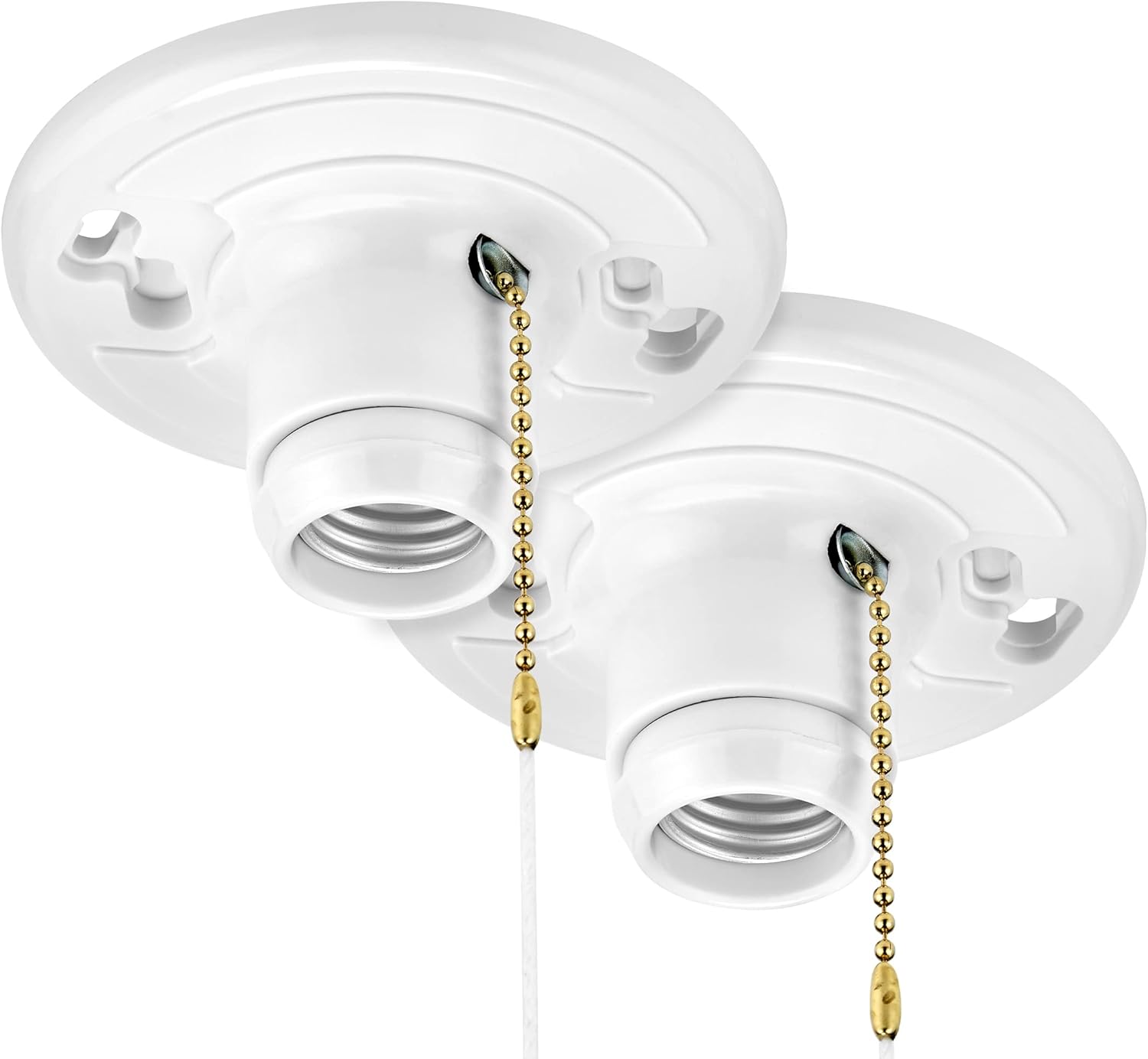 Maxxima Plastic Lamp Holder - Featuring Pull Chain, One-Piece Medium Base, E26 Bulb Socket, Outlet Box Mount, 660W, Ceiling Lighting, Compatible with LED and Incandescent Light Bulbs - 2 Pack