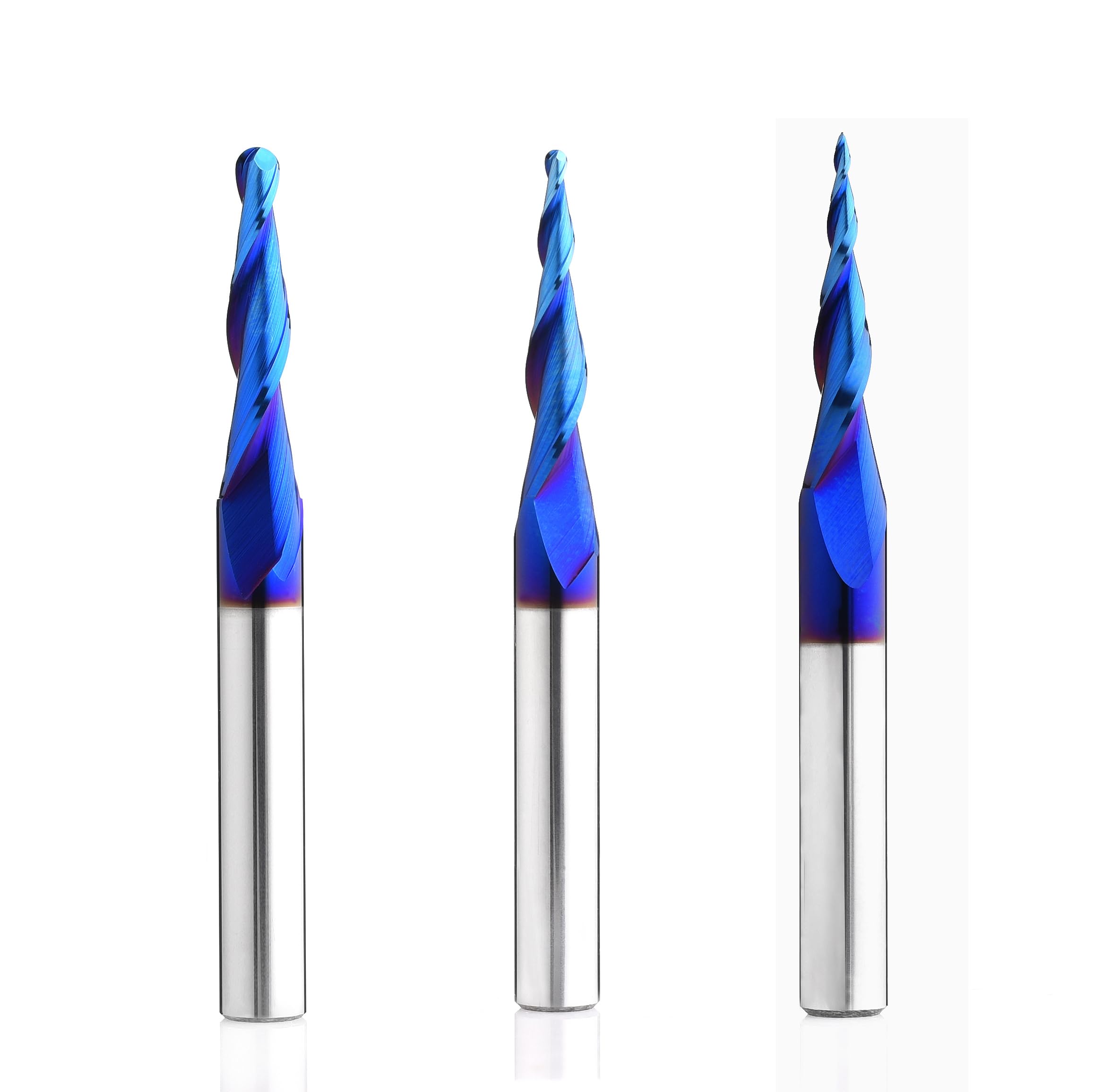 3PCS 1/8 1/16 1/32 inch Cutting Diameter Tapered Ball Nose End Mill Set Spiral CNC Router Bits Nano Coated Up Cut Solid Carbide 2D and 3D Carving 3.6 Deg 5.4Deg 6.2Deg with 1/4 Inch Shank T4660BC
