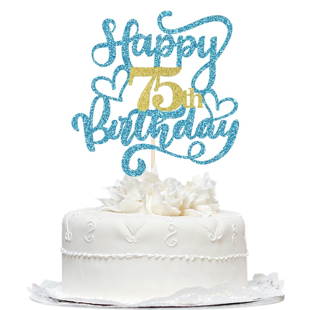 Blue Glitter 75th Birthday Cake Topper - Cheers To 75 Years Party Decoration | 6.3 Inch Wide