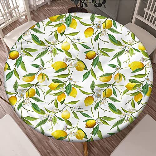 XISUNYA Nature Elastic Edged Polyester Fitted Tablecloth, Lemon Woody Romantic Round Fitted Table Colth Fits Round Table 60” Diameter, for Picnic, Indoor and Outdoor Dining