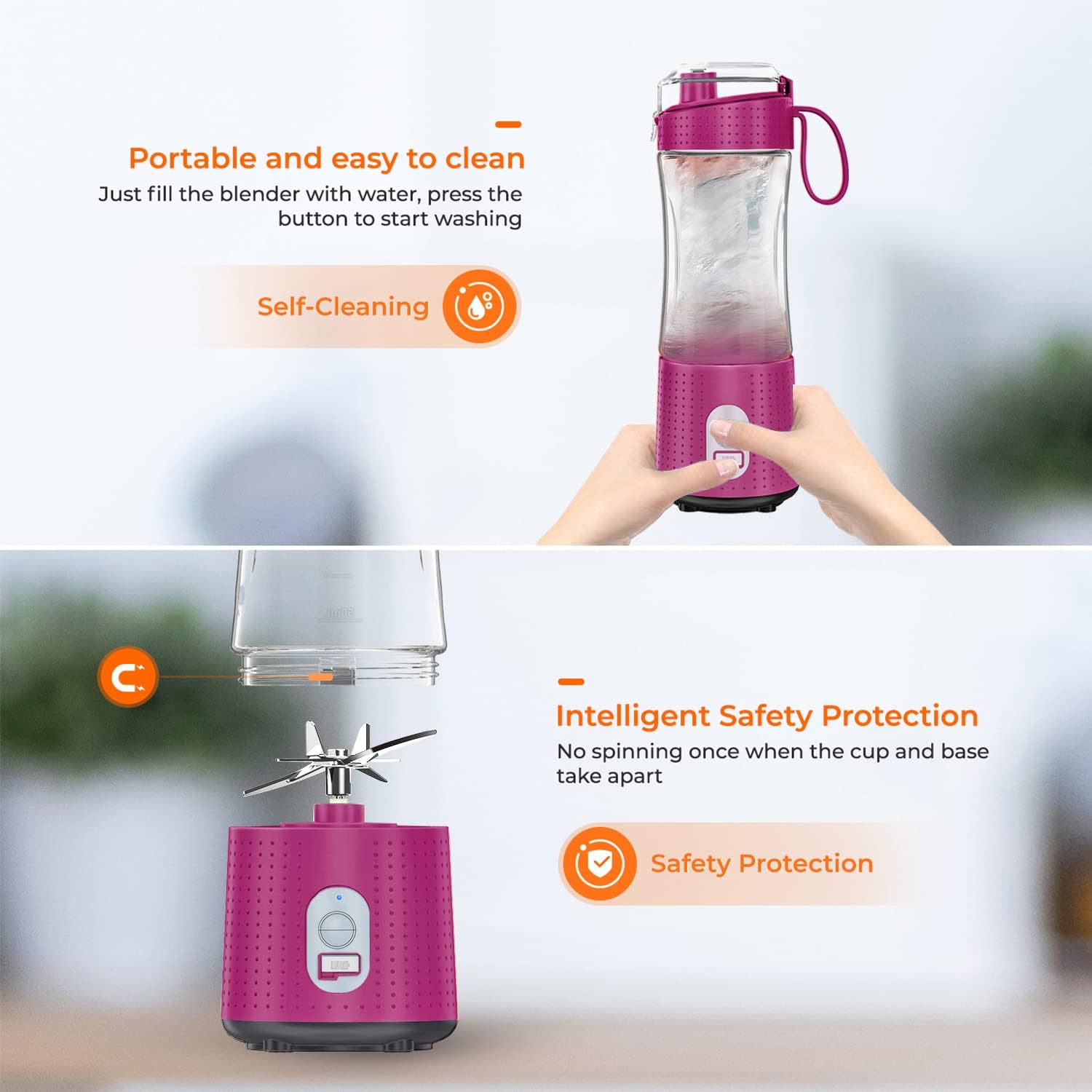 Personal Size Blender Smoothies and Shakes, Aoozi Portable Blenders, Mini Blender USB Rechargeable, Handheld Blender Sports,Travel and Home (Rasberry)
