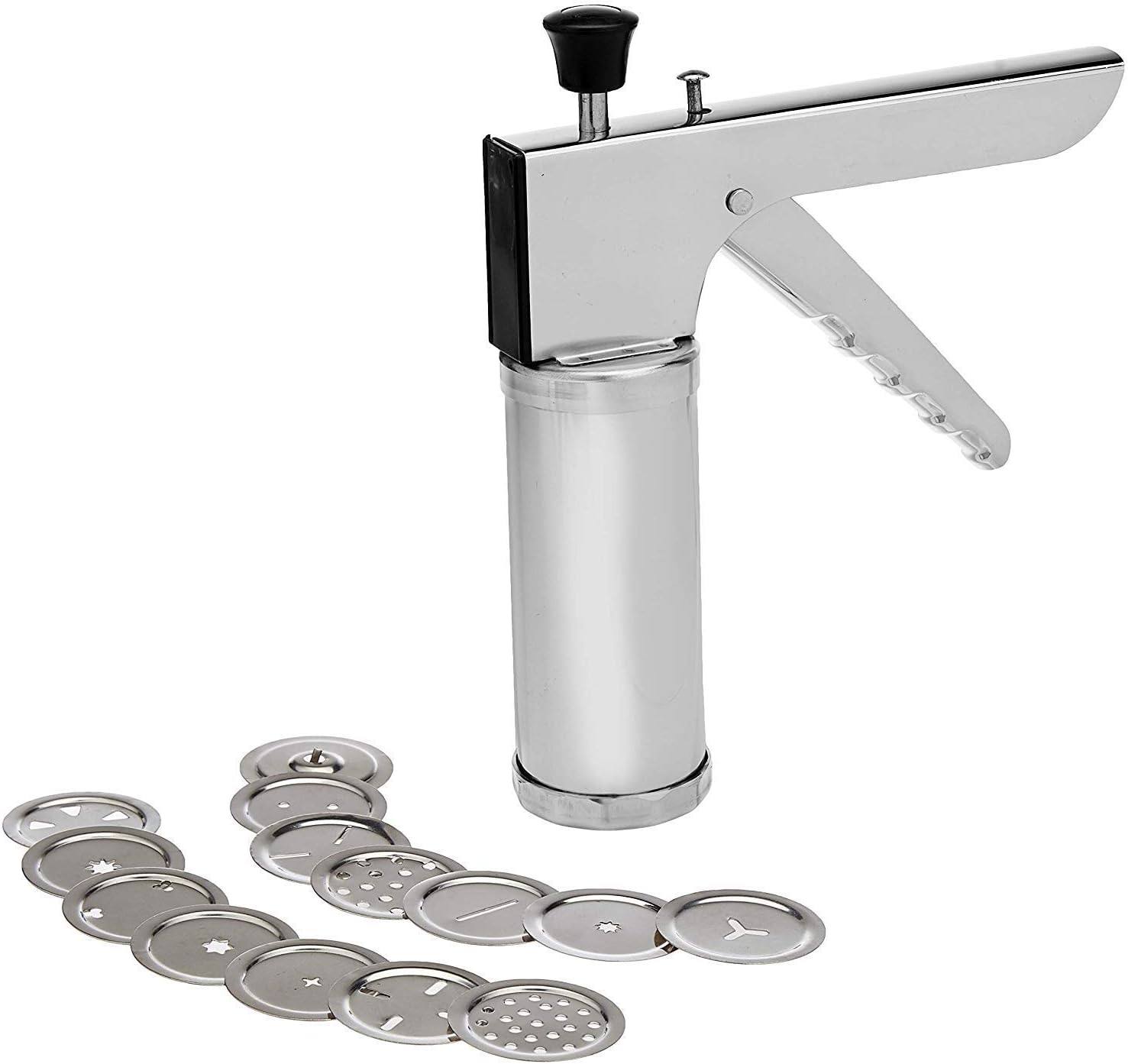 Yellow Leaf Products Stainless Steel Kitchen Press with 15 Different Types of Jalies, Maker/Bhujiya Maker/Noodles/Murukku/Cookies/chakli/Namkeen/Sev Maker, (Stainless Steel)