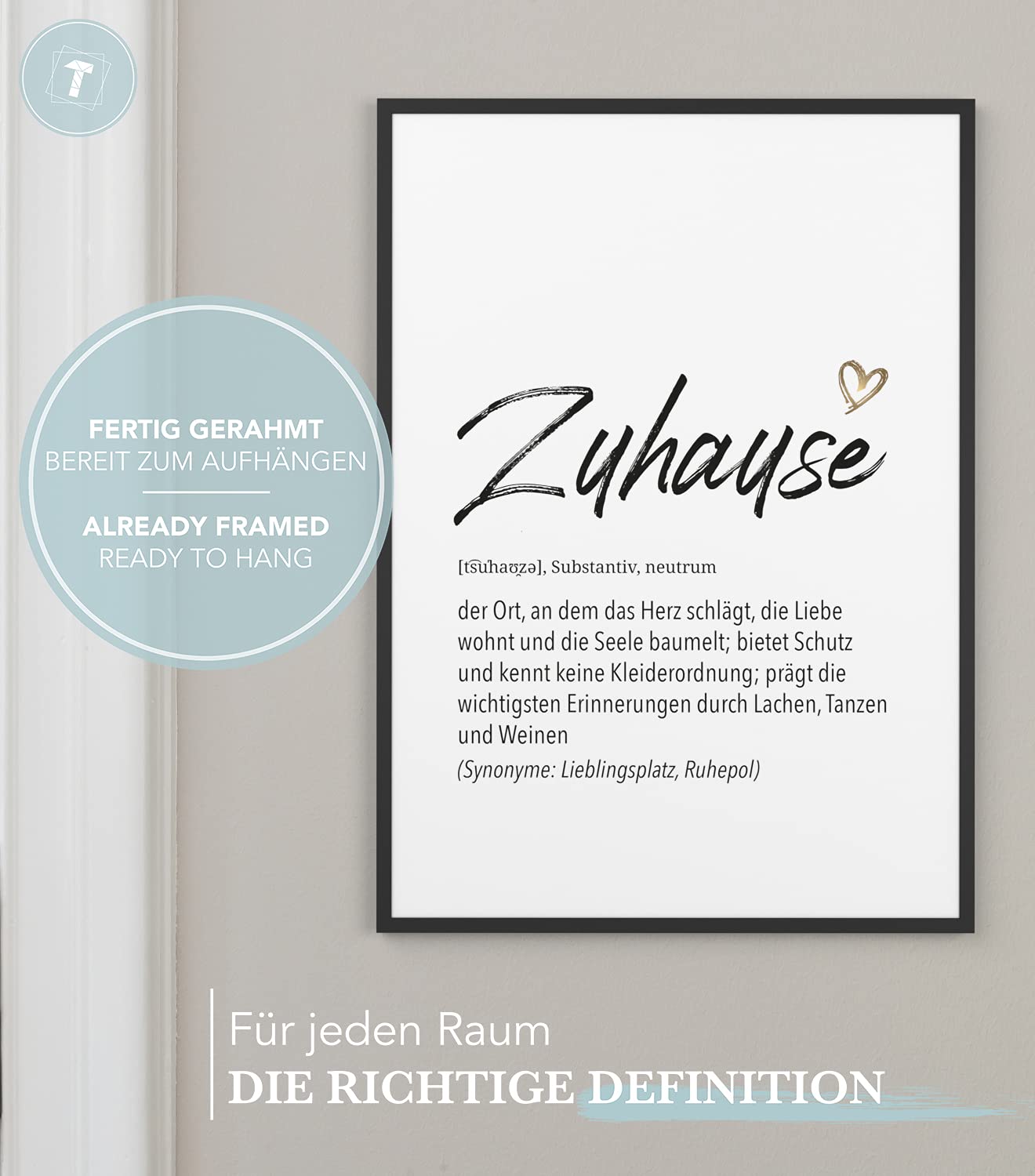 Papierschmiede® Herz Definition: Zuhause, A2 fertig gerahmt (Rahmen: Material und Farbe wählbar), Bild Home Kunstdruck Familie, Poster für Wohnzimmer, Wandbild Wanddeko Geschenk Geburtstag Einweihung