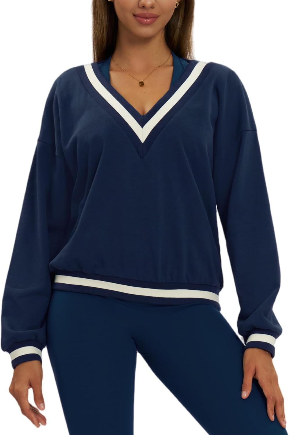 ABOCIW Sweatshirt for Women V Neck Collar Color Block Long Sleeve Pullover Tops Fall Fashion Outfits Winter Clothes 2025