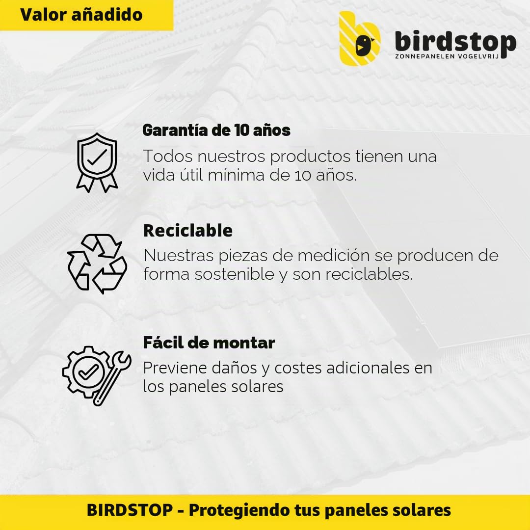 Set de protección solar Birdstop XL, sistema de energía fotovoltaica para repeler palomas - Protección solar contra aves y palomas - 30 metros, 18 cm de altura, 4 piezas de esquina y fijación