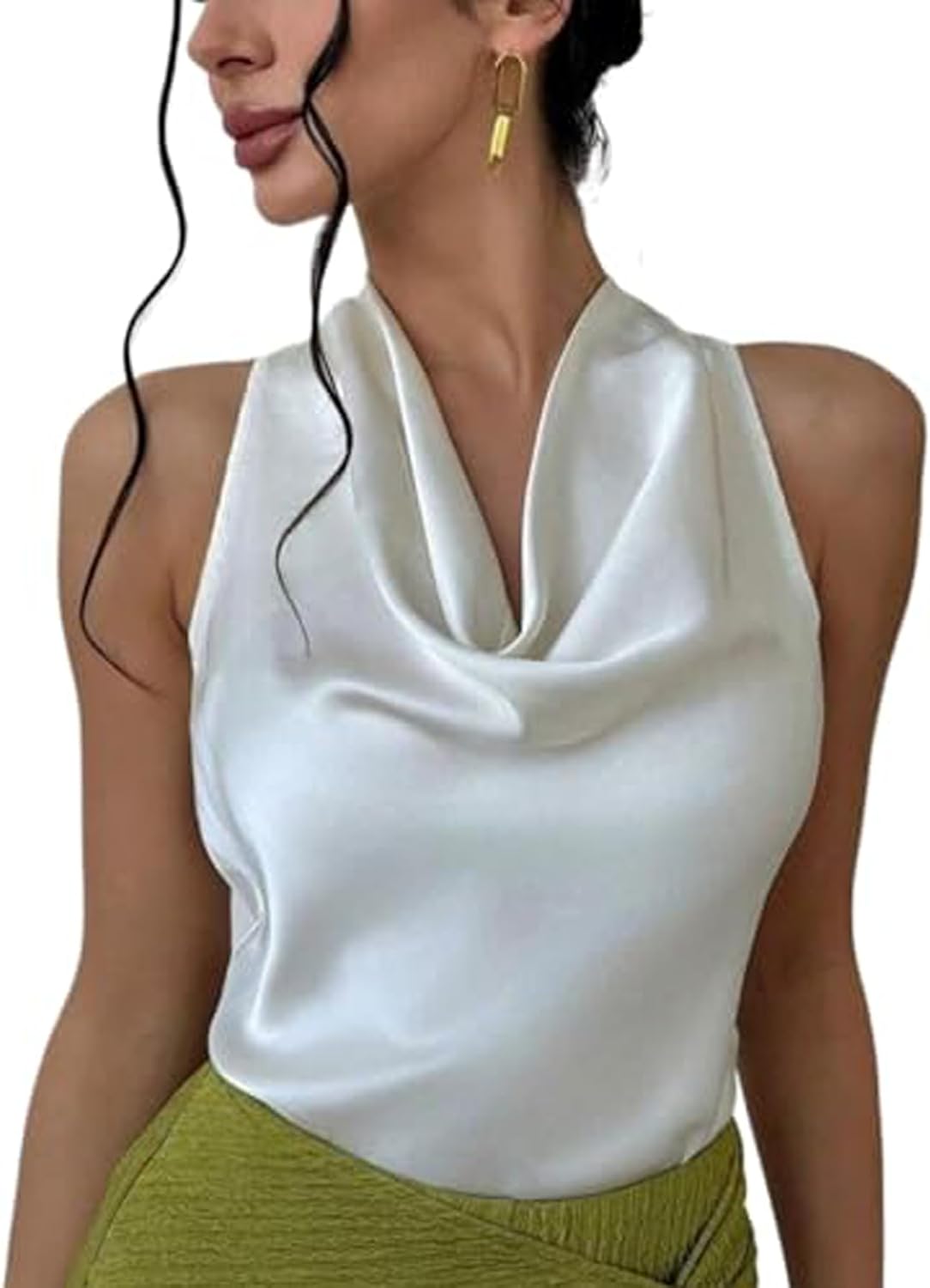 ALCEA ROSEA Women's Silky Satin Camisole Halter Wrap Tie Back Cowl Neck Sleeveless Draped Backless Blouse Tank Top 1888