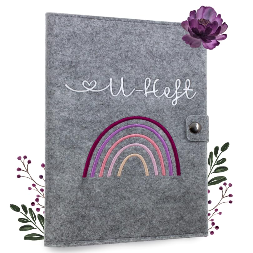 cozy racoon U-Heft- und Impfpasshülle aus Filz| 3- teiliges Set | Hochwertige Hülle für Untersuchungsheft Impfpass und Versichertenkarte Deines Kindes | Design Regenbogen Rosa